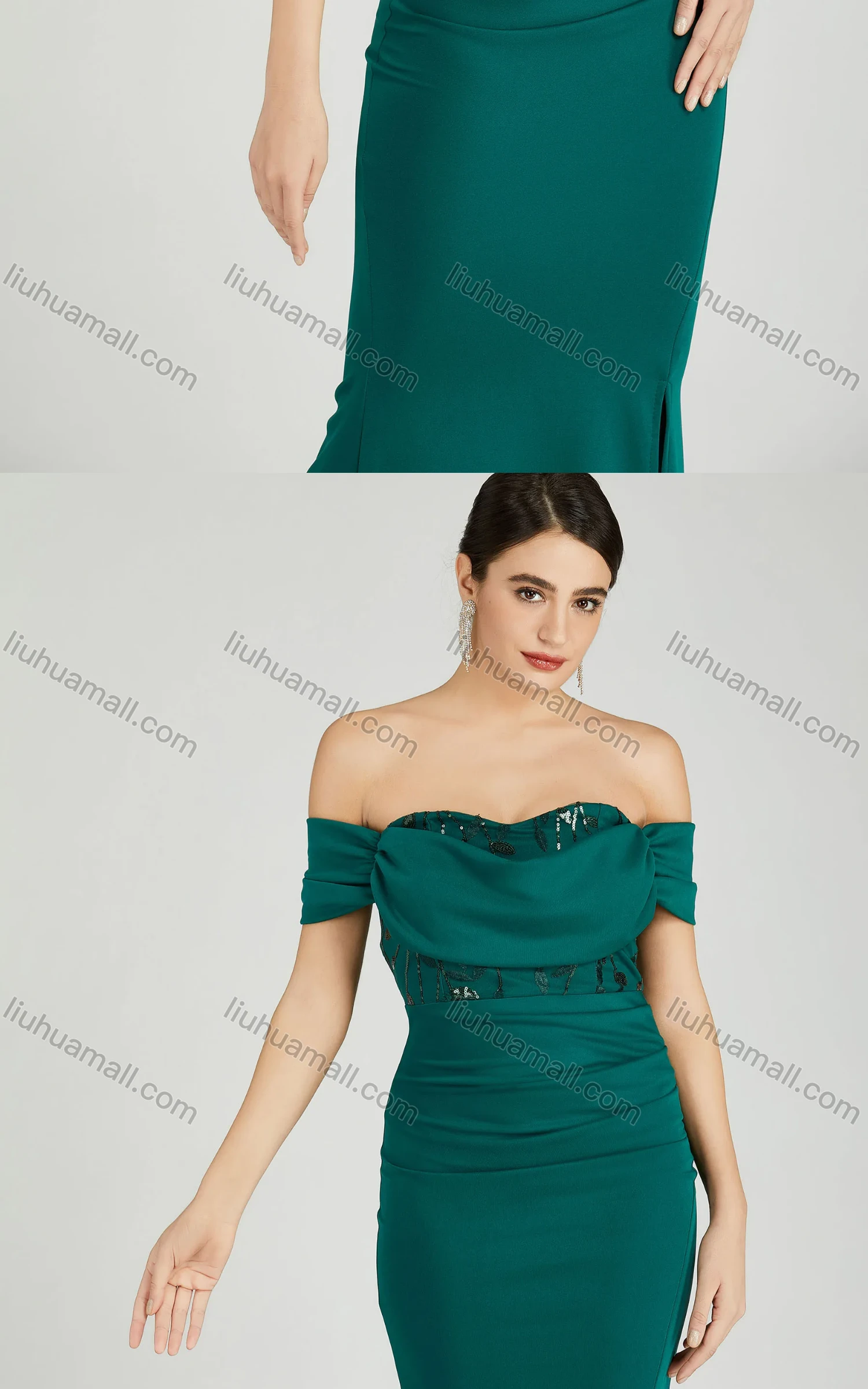 Wholesale Women's Elegant Off Shoulder Cap Sleeve Sequin Applique Mermaid Evening Dress 5045# - Liuhuamall