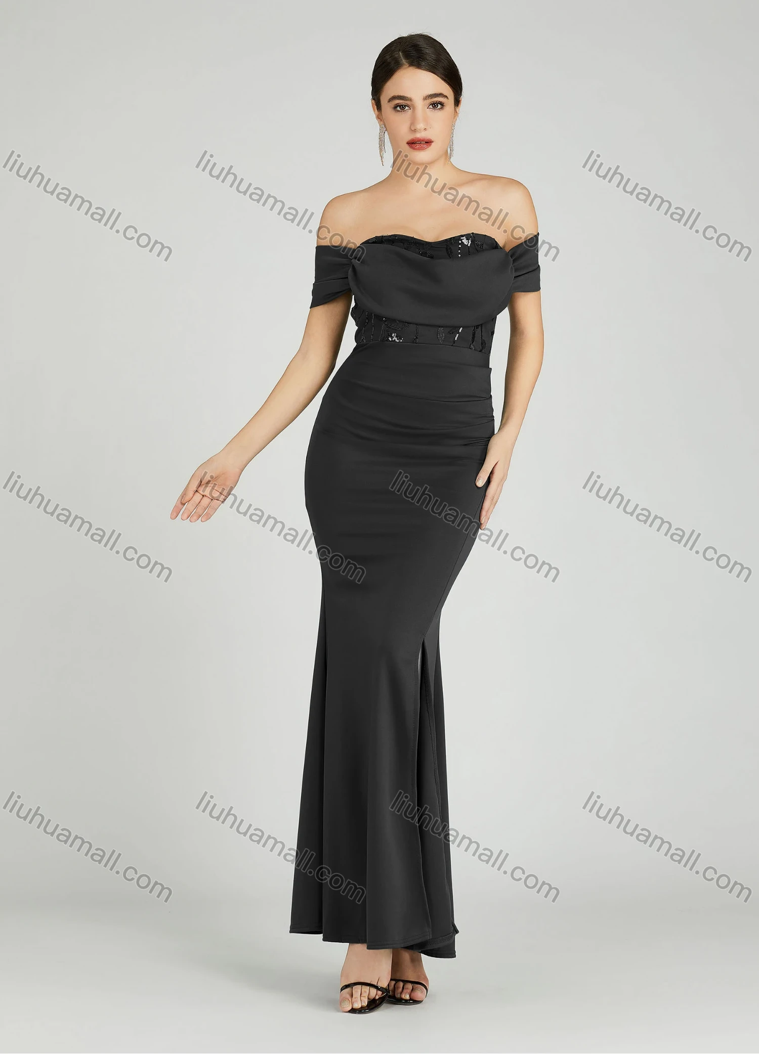 Wholesale Women's Elegant Off Shoulder Cap Sleeve Sequin Applique Mermaid Evening Dress 5045# - Liuhuamall