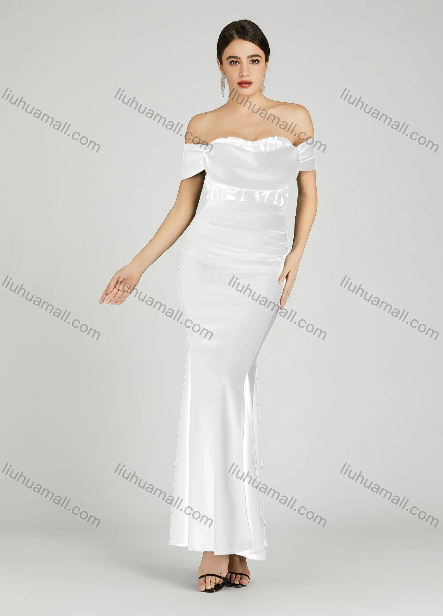 Wholesale Women's Elegant Off Shoulder Cap Sleeve Sequin Applique Mermaid Evening Dress 5045# - Liuhuamall