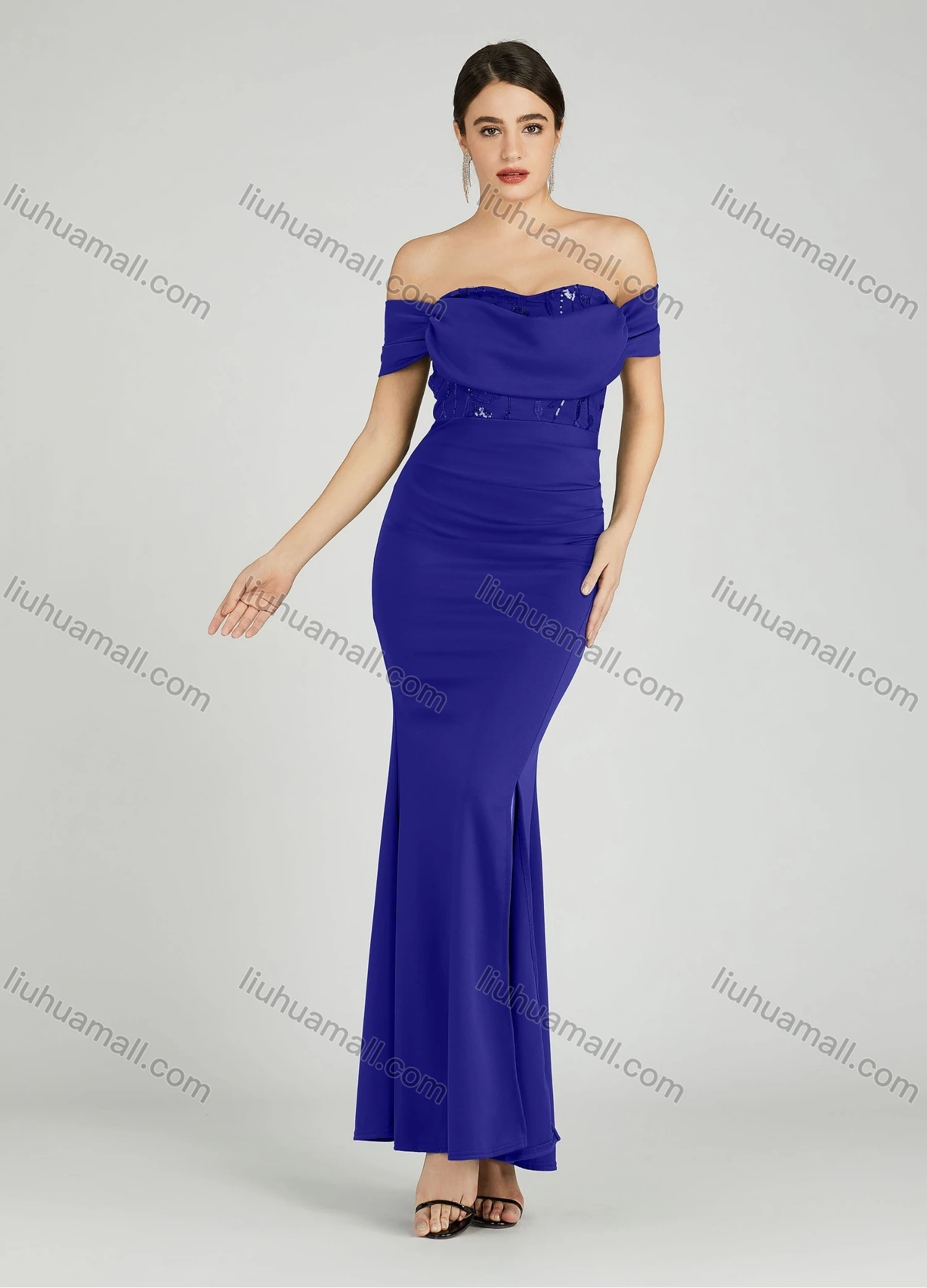Wholesale Women's Elegant Off Shoulder Cap Sleeve Sequin Applique Mermaid Evening Dress 5045# - Liuhuamall