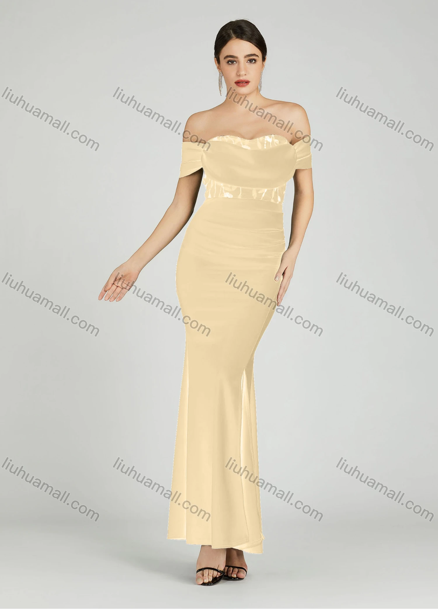 Wholesale Women's Elegant Off Shoulder Cap Sleeve Sequin Applique Mermaid Evening Dress 5045# - Liuhuamall