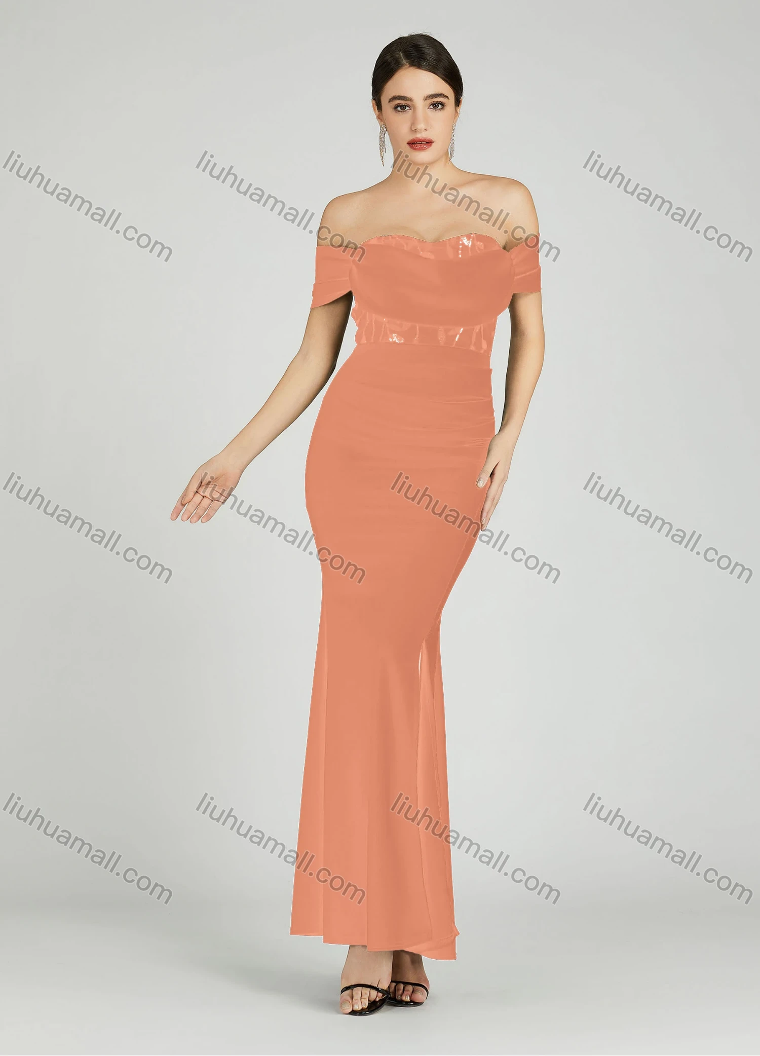 Wholesale Women's Elegant Off Shoulder Cap Sleeve Sequin Applique Mermaid Evening Dress 5045# - Liuhuamall