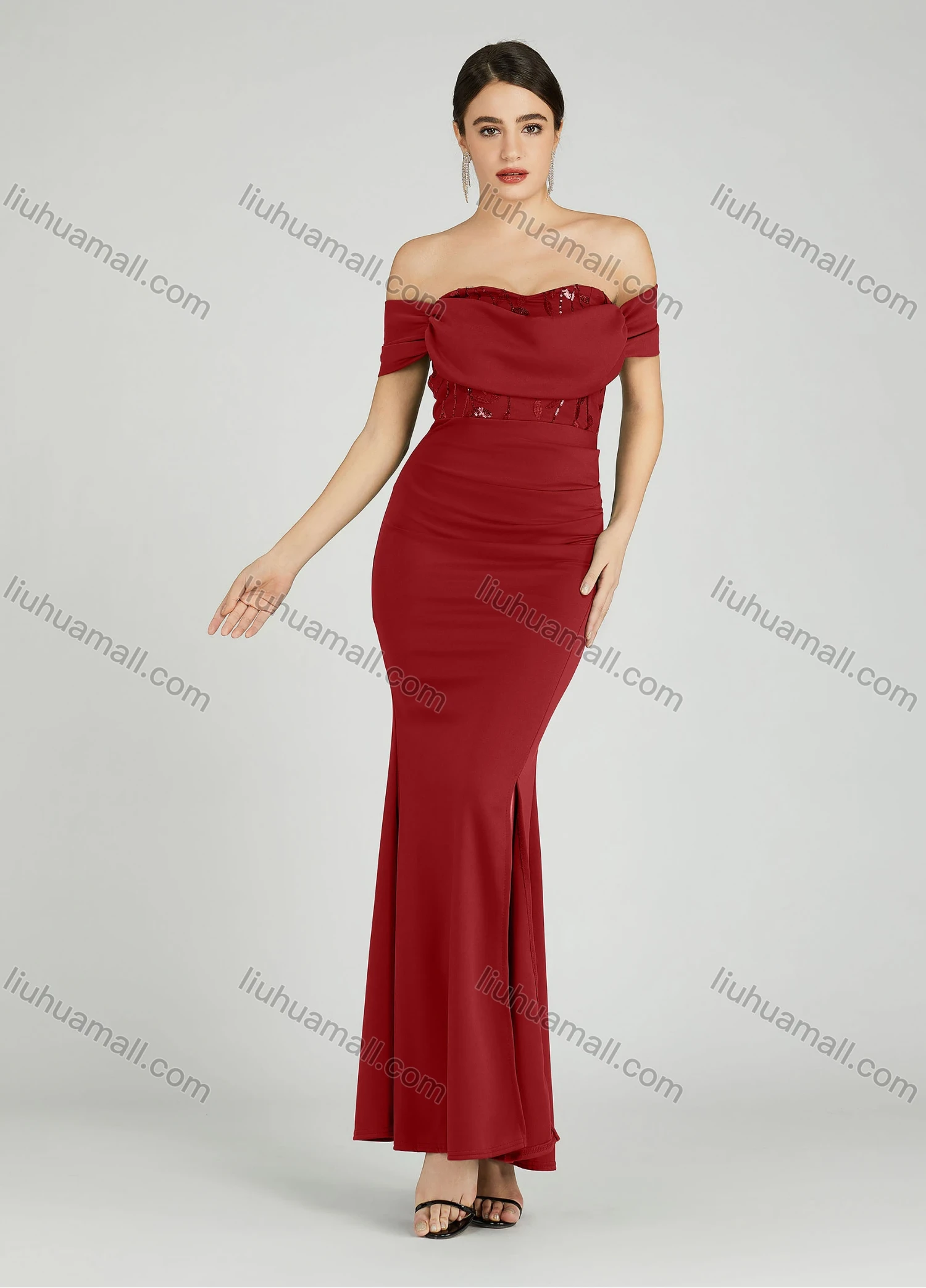 Wholesale Women's Elegant Off Shoulder Cap Sleeve Sequin Applique Mermaid Evening Dress 5045# - Liuhuamall