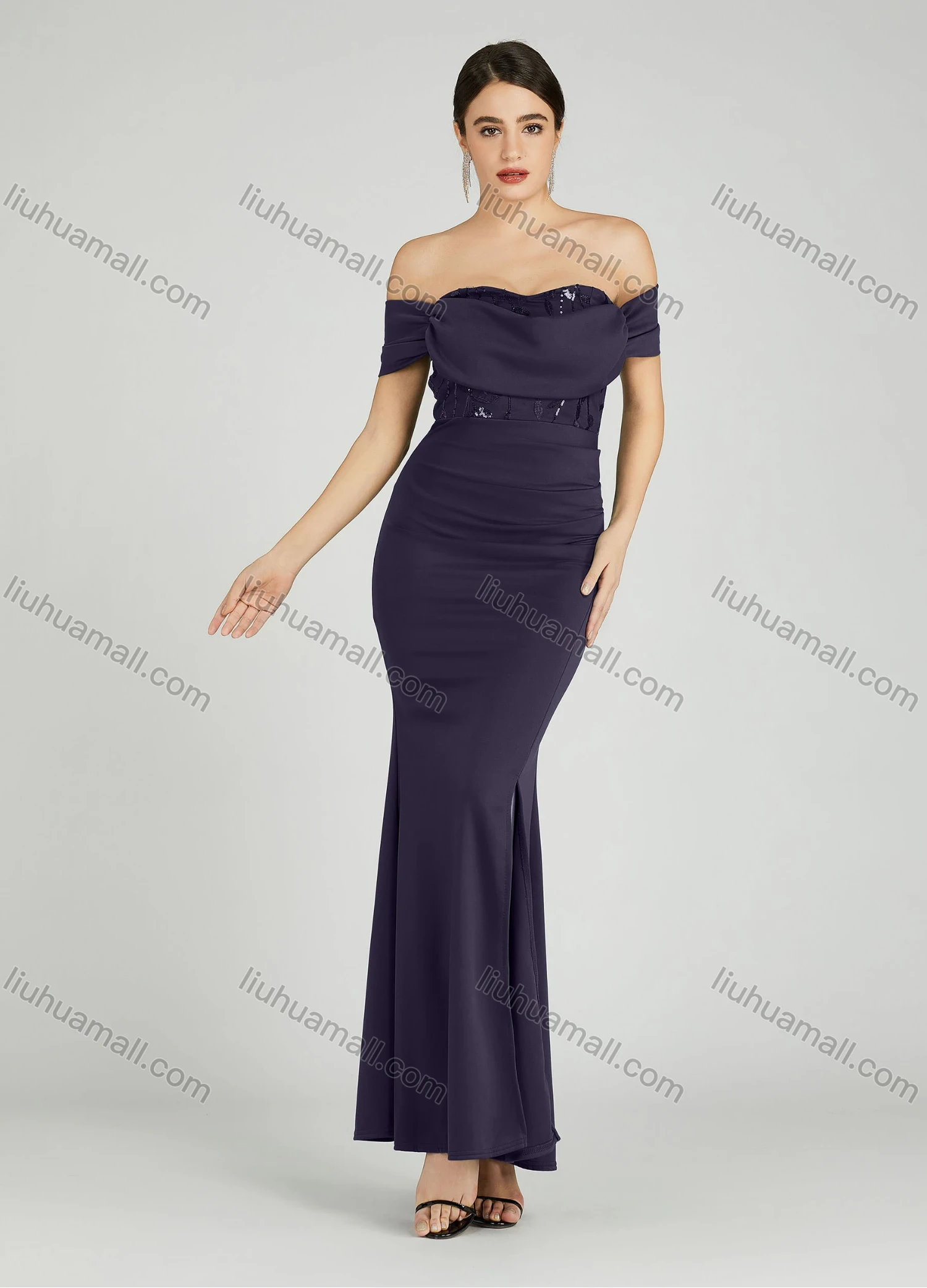 Wholesale Women's Elegant Off Shoulder Cap Sleeve Sequin Applique Mermaid Evening Dress 5045# - Liuhuamall