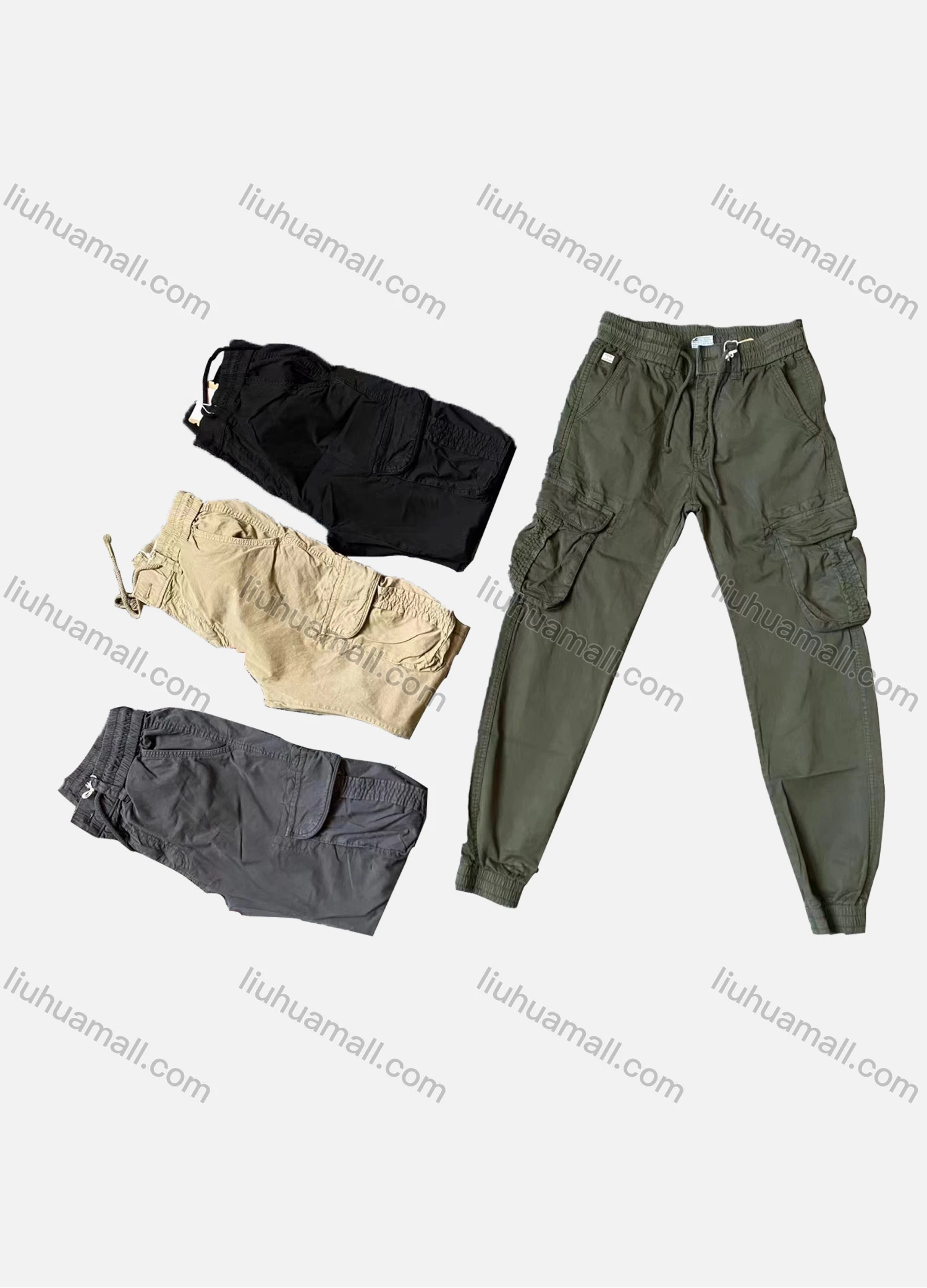 Wholesale Men's Casual Plain Multiple Pockets Elastic Waist Drawstring Cargo Pants 657# - Liuhuamall