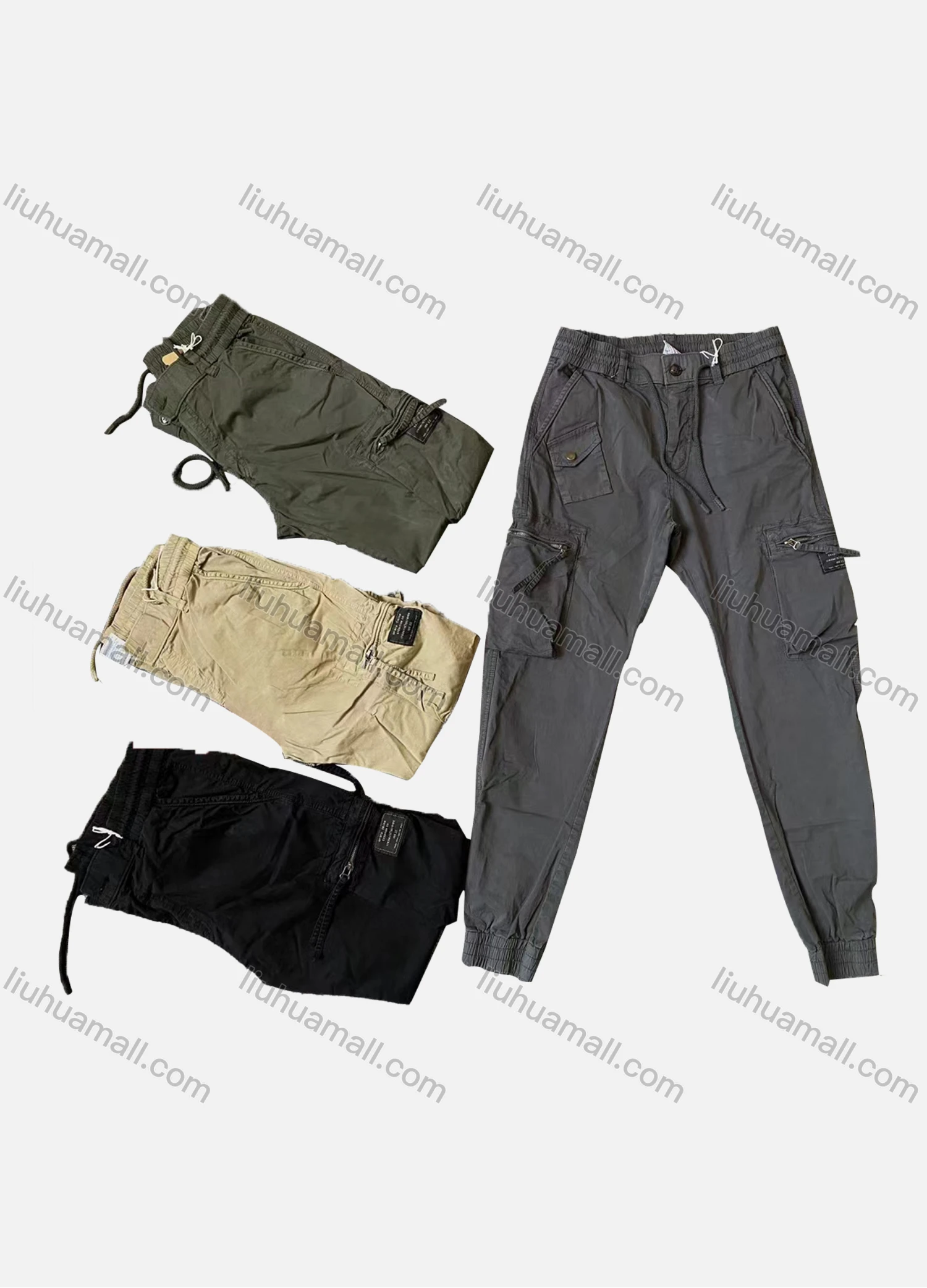 Wholesale Men's Casual Plain Zipper Multiple Pockets Elastic Waist Drawstring Cargo Pants 658# - Liuhuamall