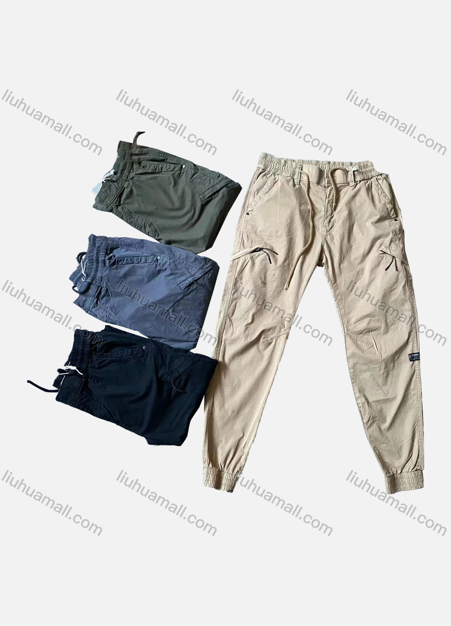 Wholesale Men's Casual Plain Zipper Multiple Pockets Elastic Waist Drawstring Cargo Pants 667# - Liuhuamall