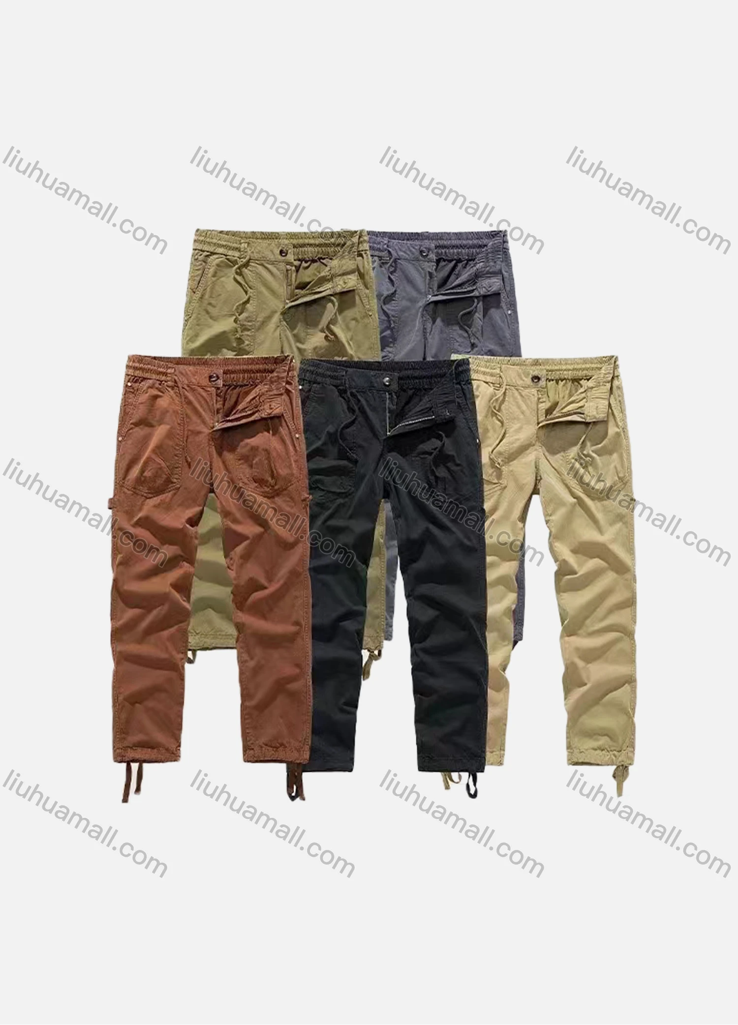 Wholesale Men's Casual Plain Patch Pocket Elastic Waist Drawstring Cargo Pants 683# - Liuhuamall