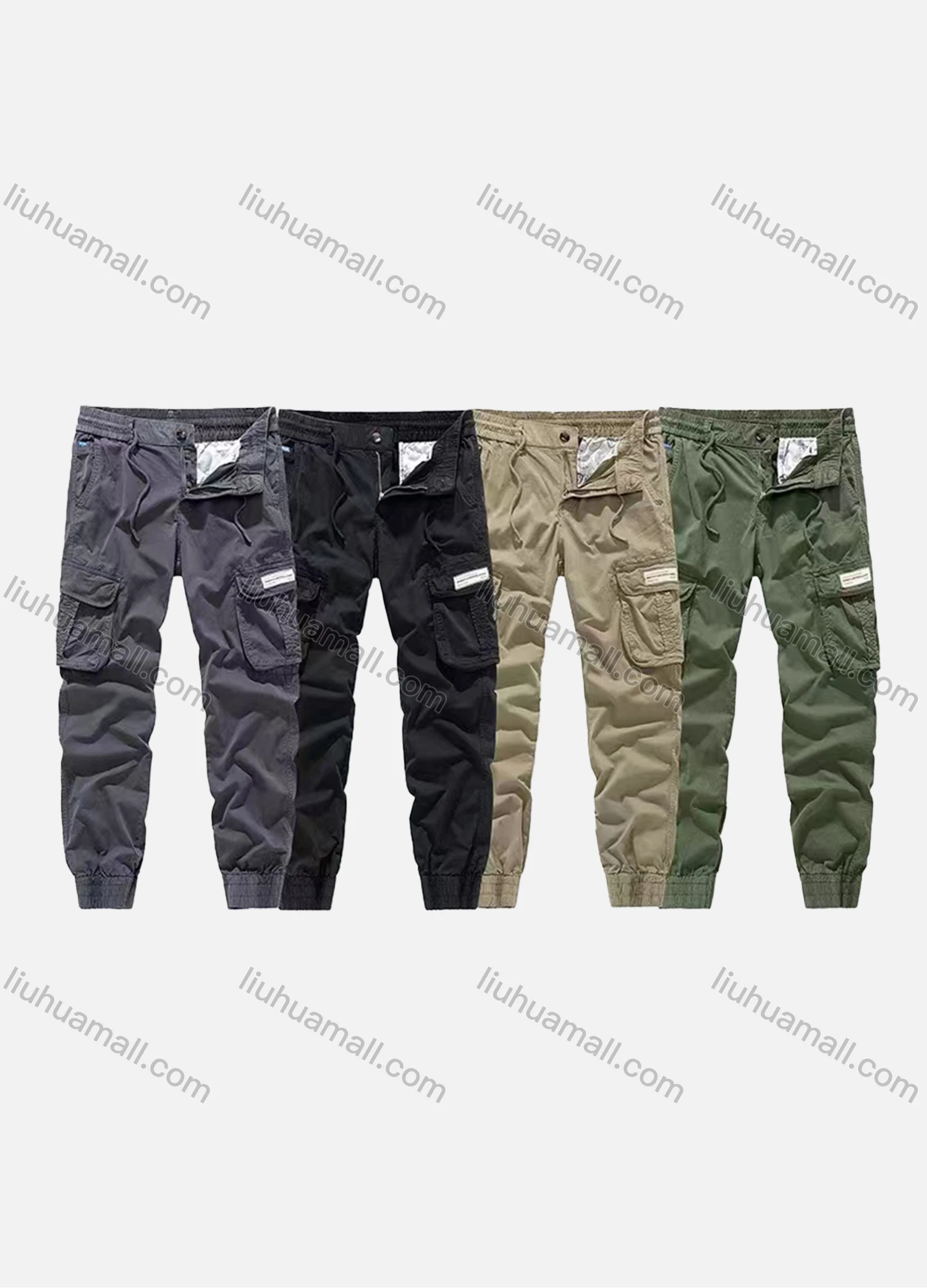 Wholesale Men's Casual Plain Multiple Pockets Elastic Waist Drawstring Cargo Pants 691# - Liuhuamall