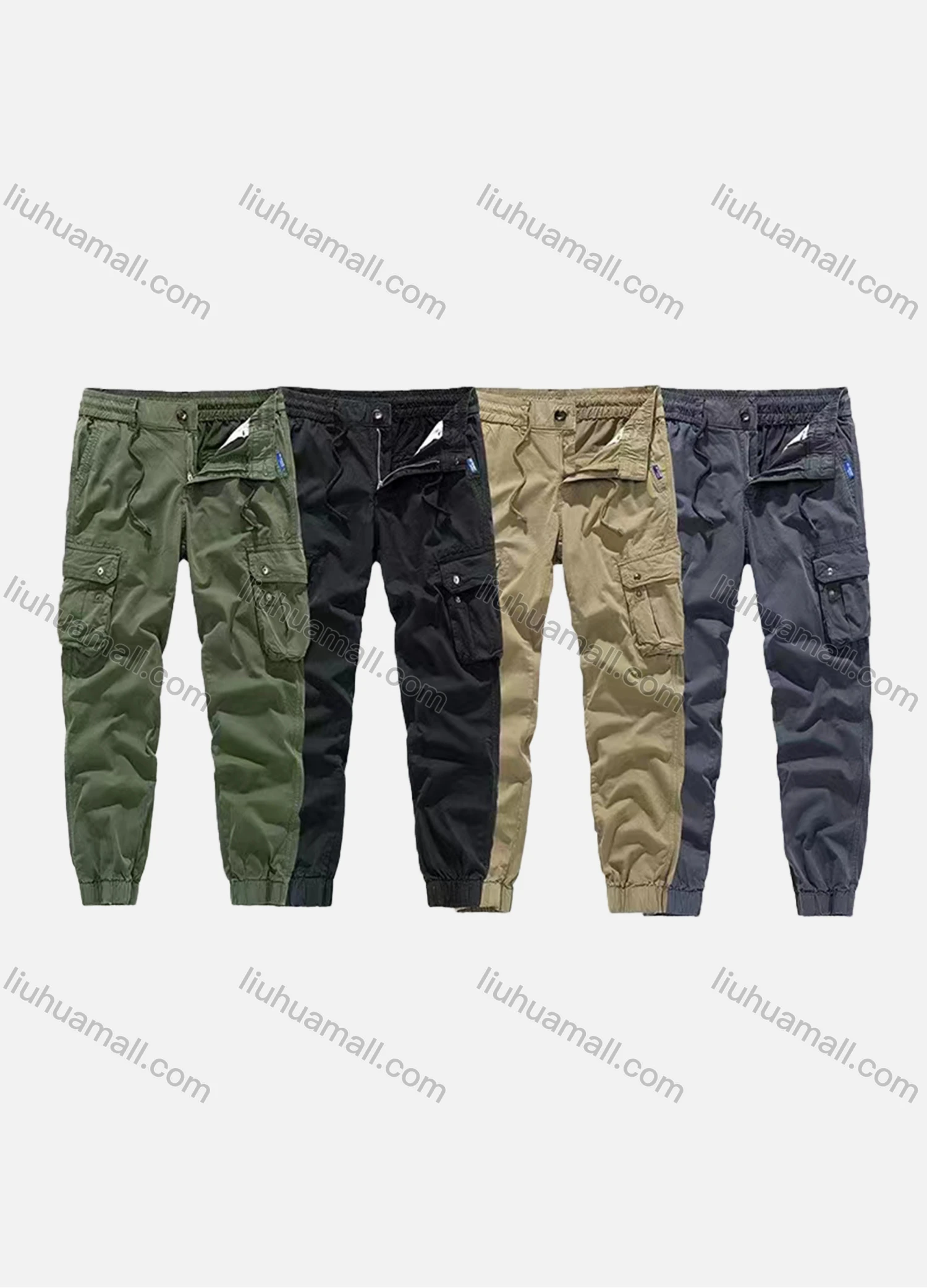 Wholesale Men's Casual Plain Multiple Pockets Elastic Waist Drawstring Cargo Pants 693# - Liuhuamall