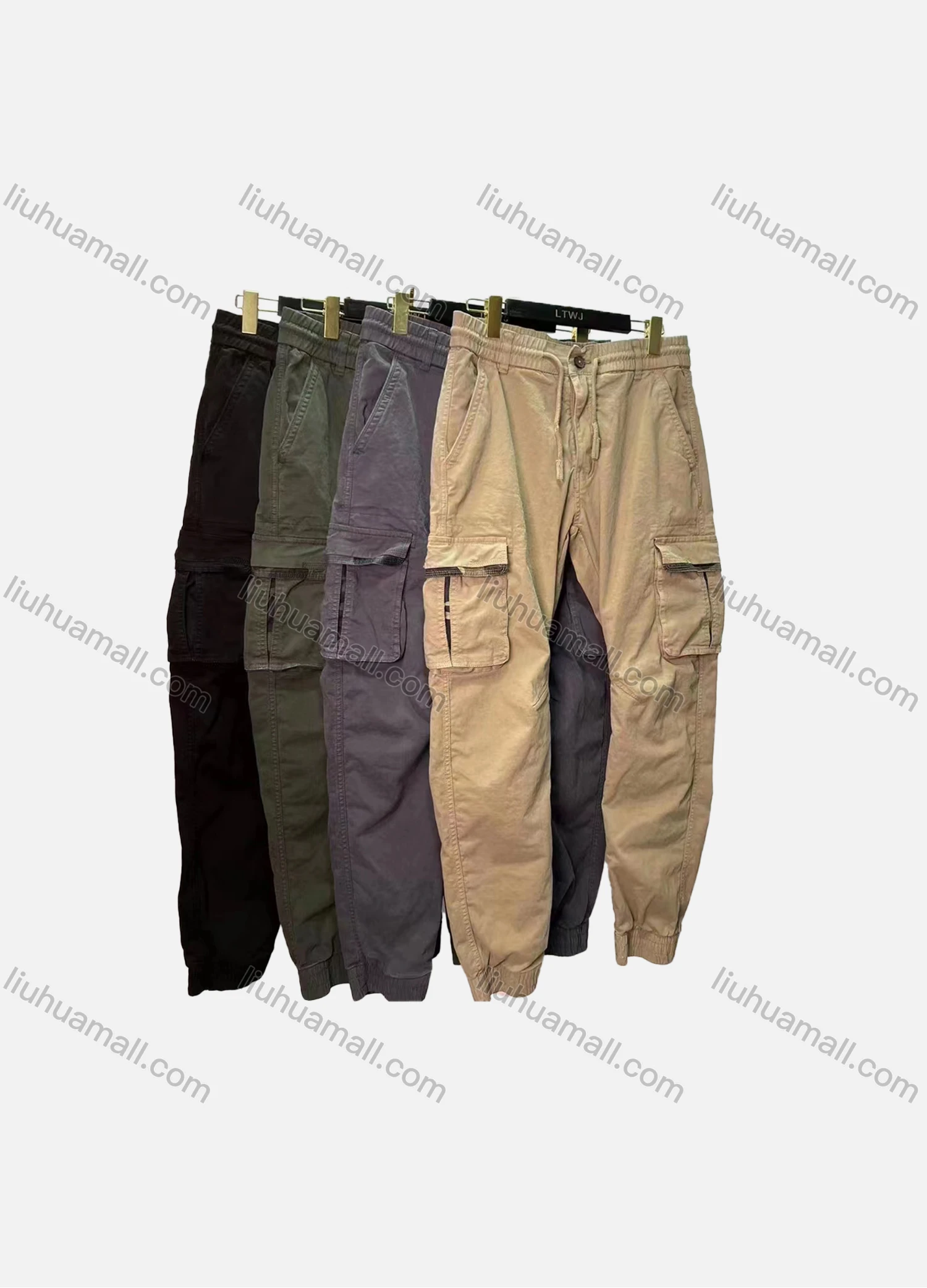 Wholesale Men's Casual Plain Multiple Pockets Elastic Waist Drawstring Cargo Pants 1208# - Liuhuamall