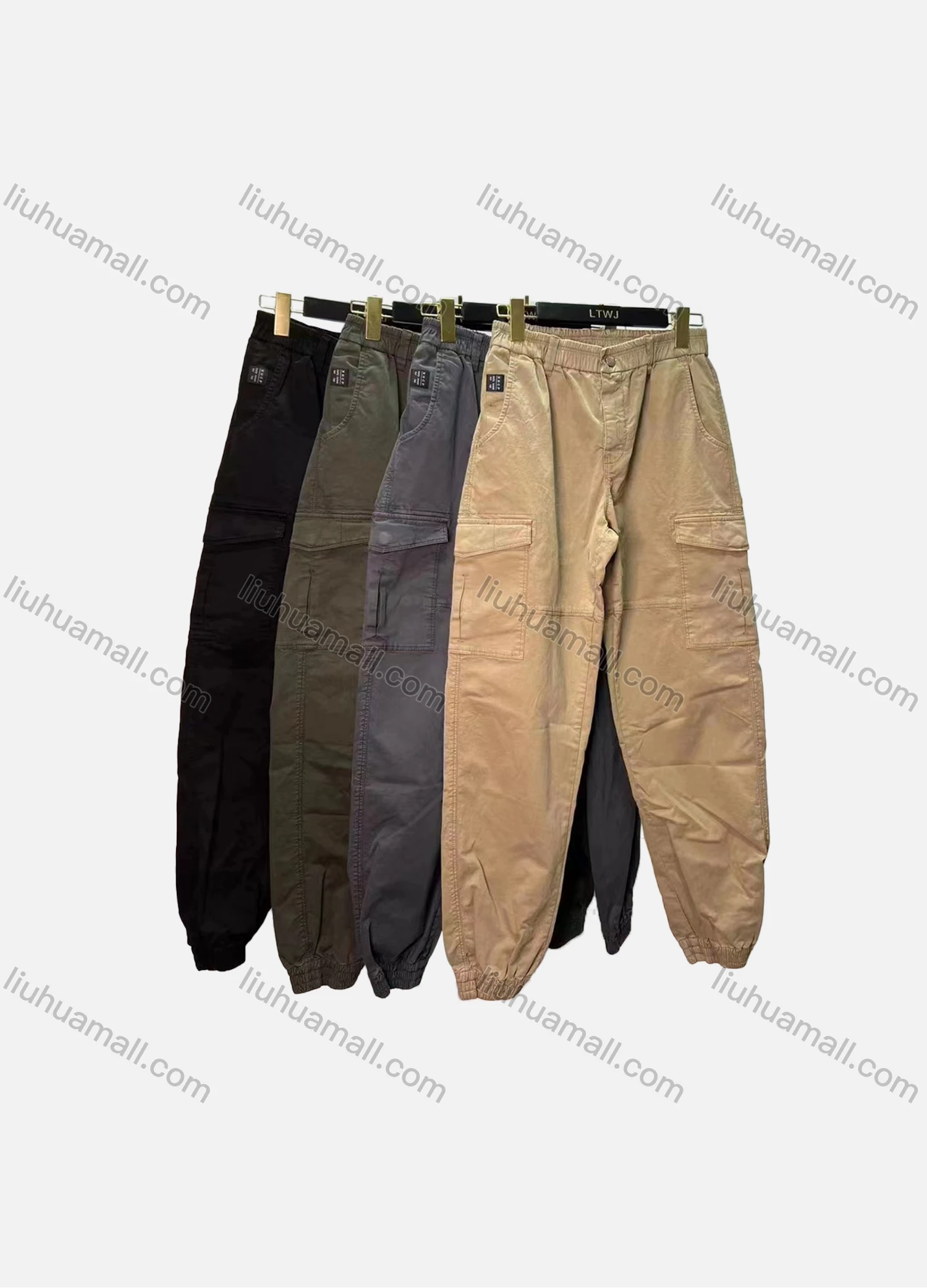 Wholesale Men's Casual Plain Multiple Pockets Elastic Waist Cargo Pants 1209# - Liuhuamall