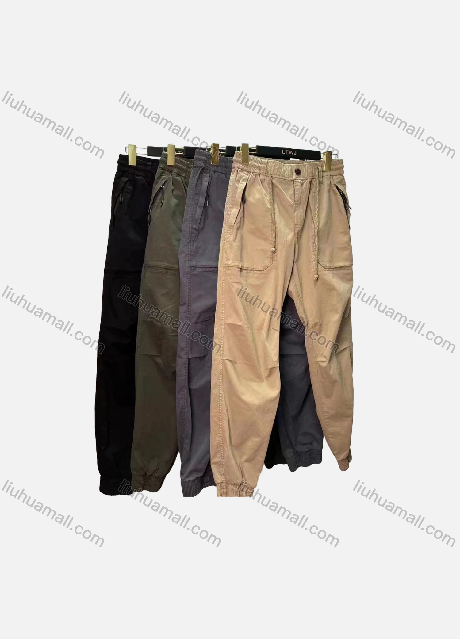 Wholesale Men's Casual Plain Patch Pocket Elastic Waist Drawstring Cargo Pants 1210# - Liuhuamall