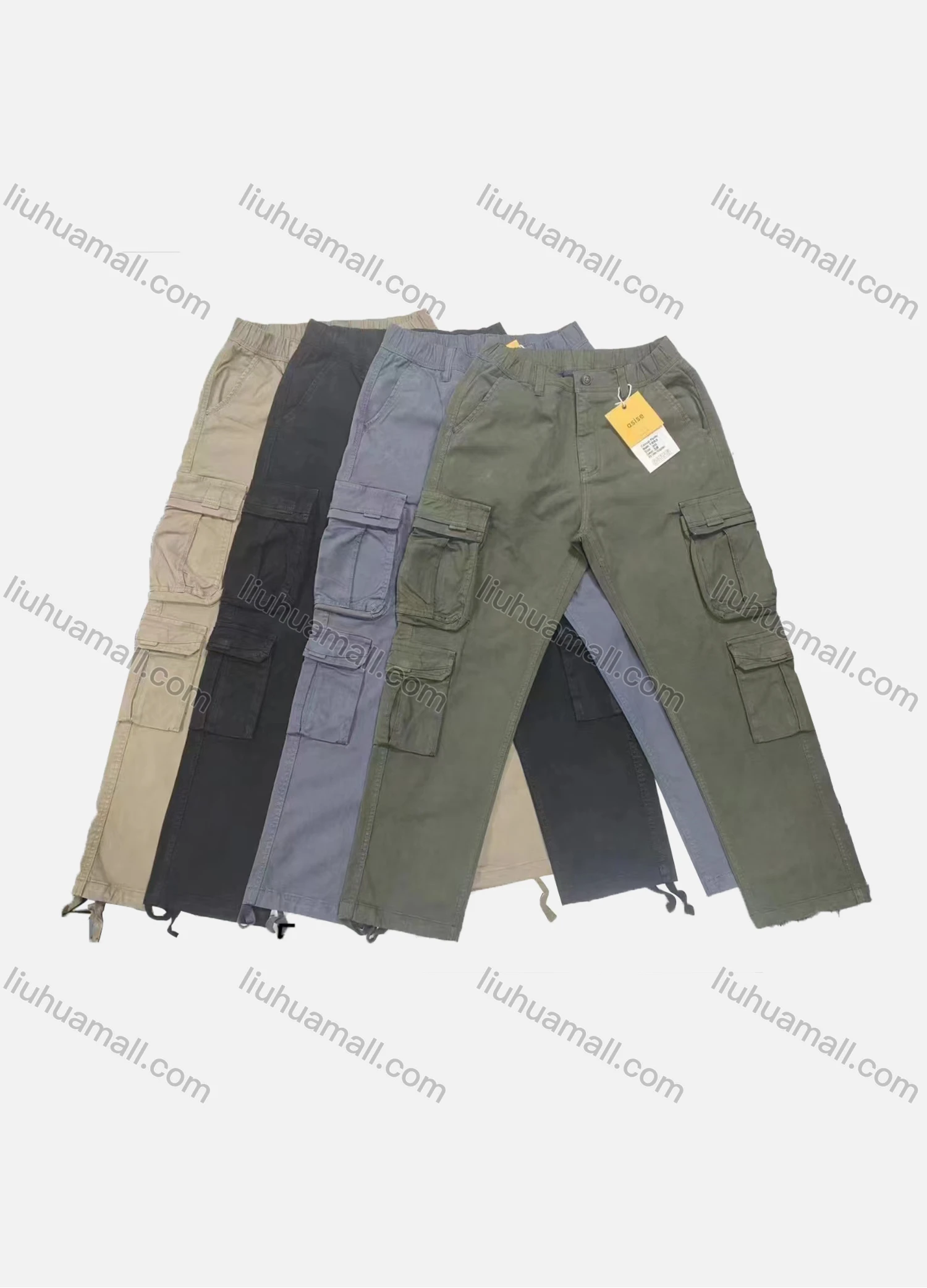 Wholesale Men's Casual Plain Multiple Flap Pockets Elastic Waist Cargo Pants 1892# - Liuhuamall