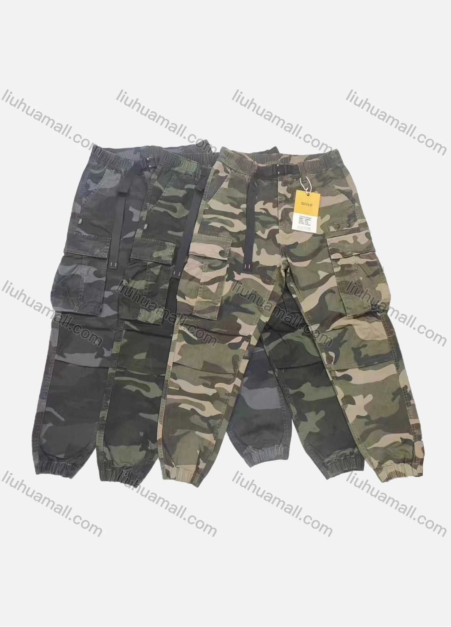 Wholesale Men's Casual Camouflage Multiple Pockets Elastic Waist Drawstring Cargo Pants 1896# - Liuhuamall