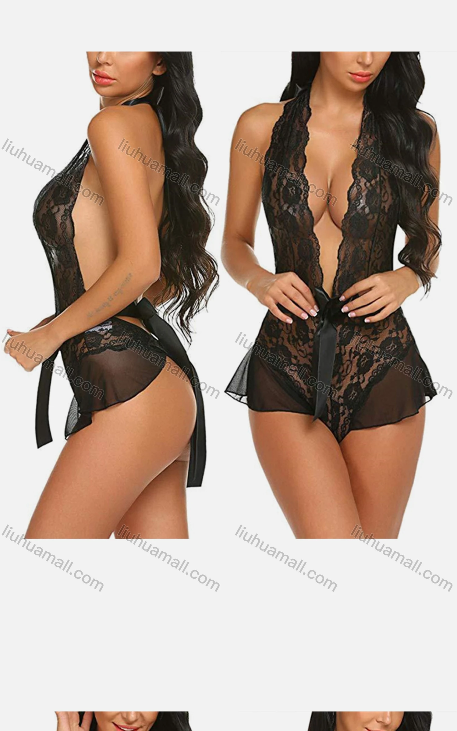 Wholesale Women's Sexy See Through Deep V Lace Tie One Piece Lingerie Bodysuit 1399# - Liuhuamall