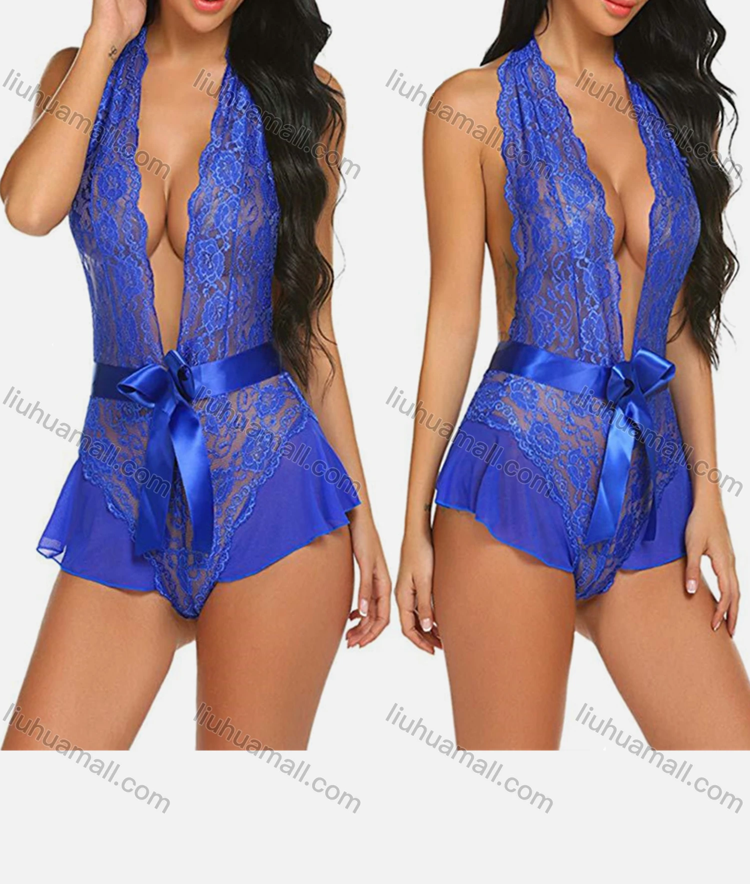 Wholesale Women's Sexy See Through Deep V Lace Tie One Piece Lingerie Bodysuit 1399# - Liuhuamall