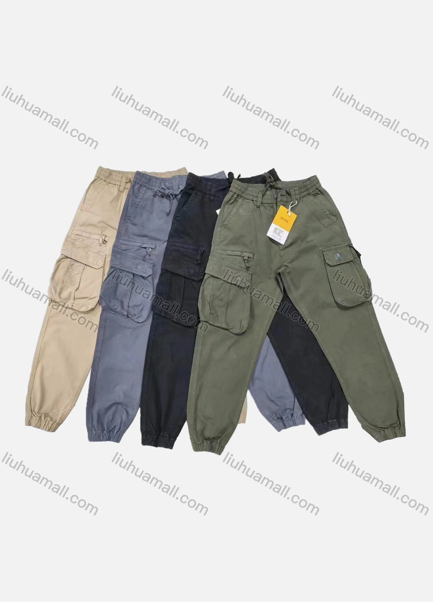 Wholesale Men's Casual Plain Multiple Pockets Zip Decor Elastic Waist Drawstring Cargo Pants 1897# - Liuhuamall