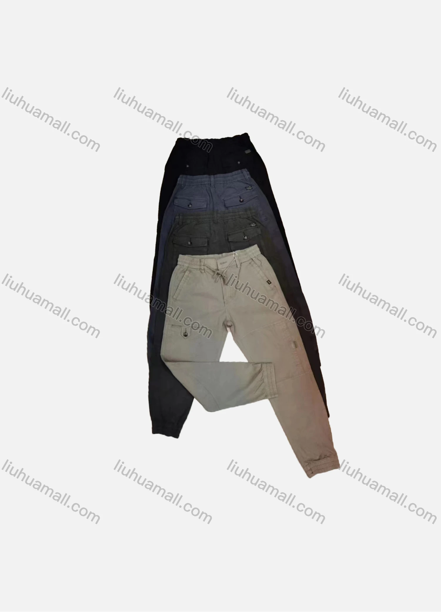 Wholesale Men's Casual Plain Patch Pocket Elastic Waist Drawstring Cargo Pants 2206# - Liuhuamall