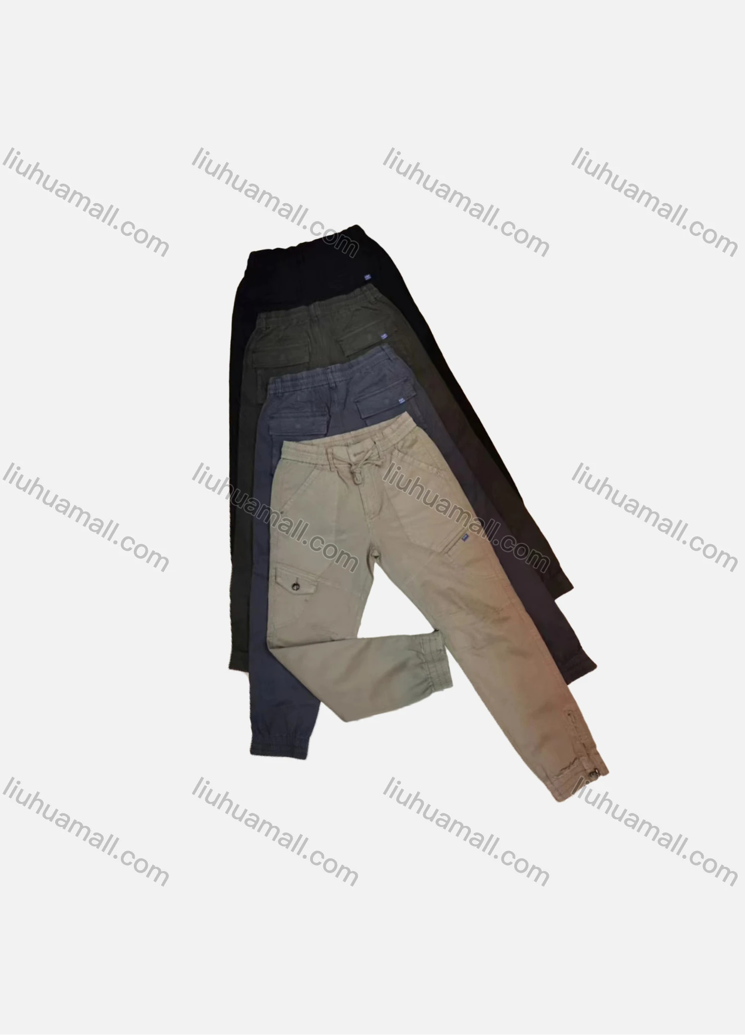 Wholesale Men's Casual Plain Patch Pocket Elastic Waist Drawstring Cargo Pants 2207# - Liuhuamall