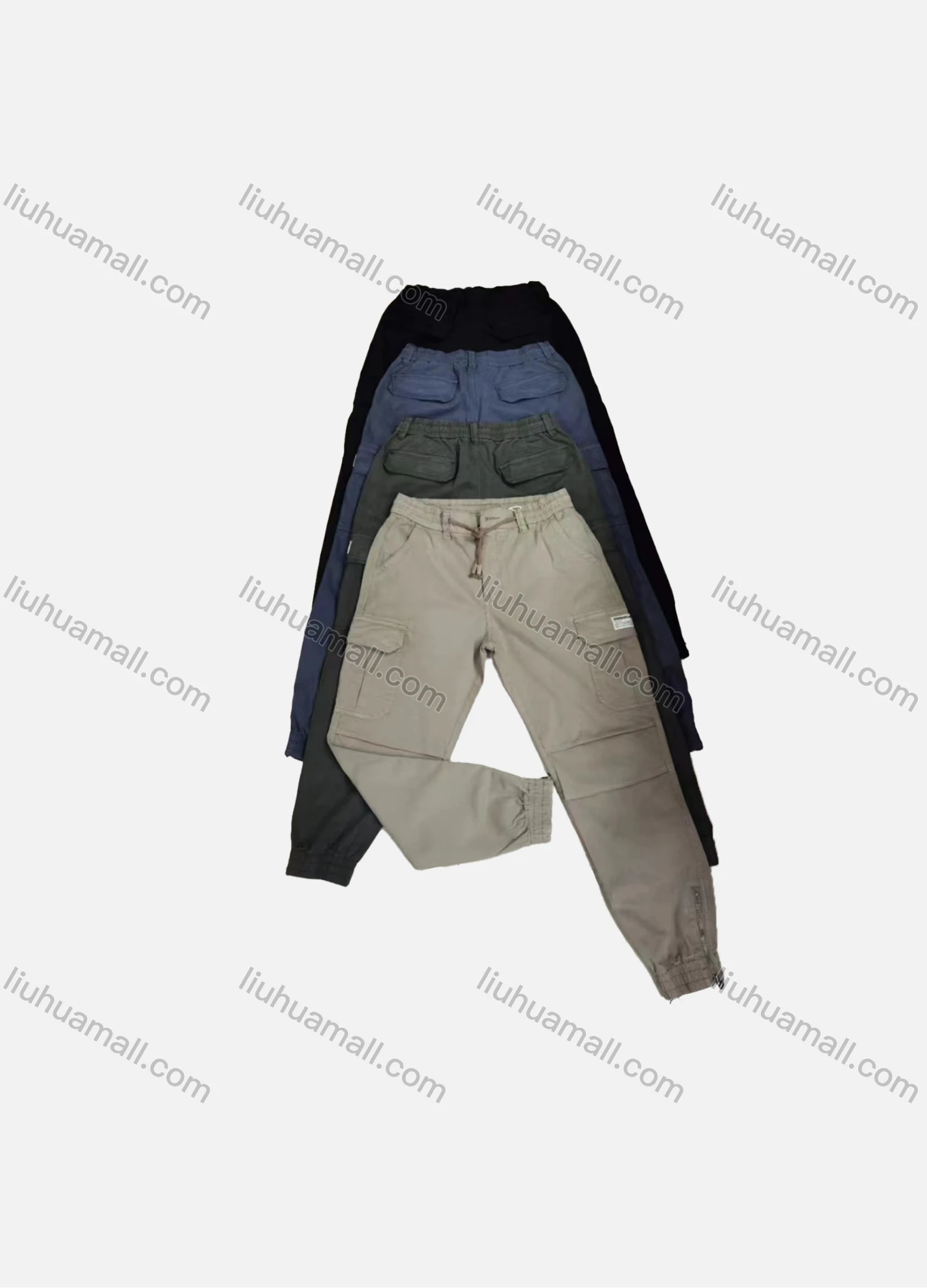Wholesale Men's Casual Plain Multiple Pockets Zip Decor Elastic Waist Drawstring Cargo Pants 2211# - Liuhuamall
