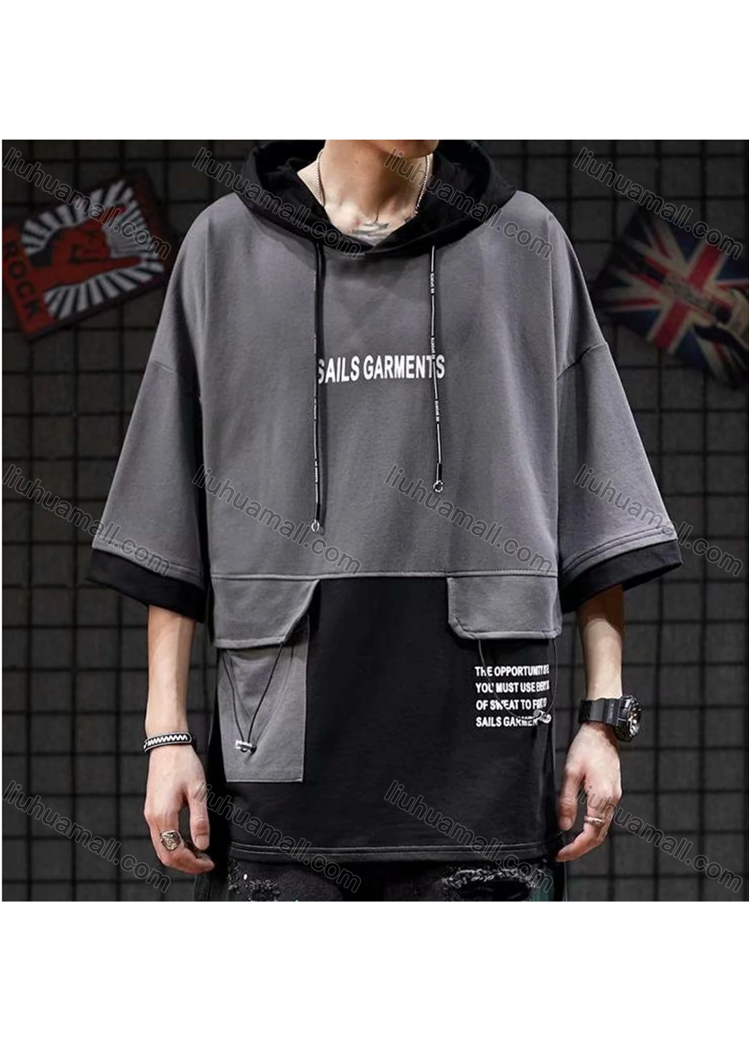 Wholesale Men's Casual Letter Splicing Colorblock Drawstring Flap Pockets Hooded Half Sleeve T-shirt - Liuhuamall
