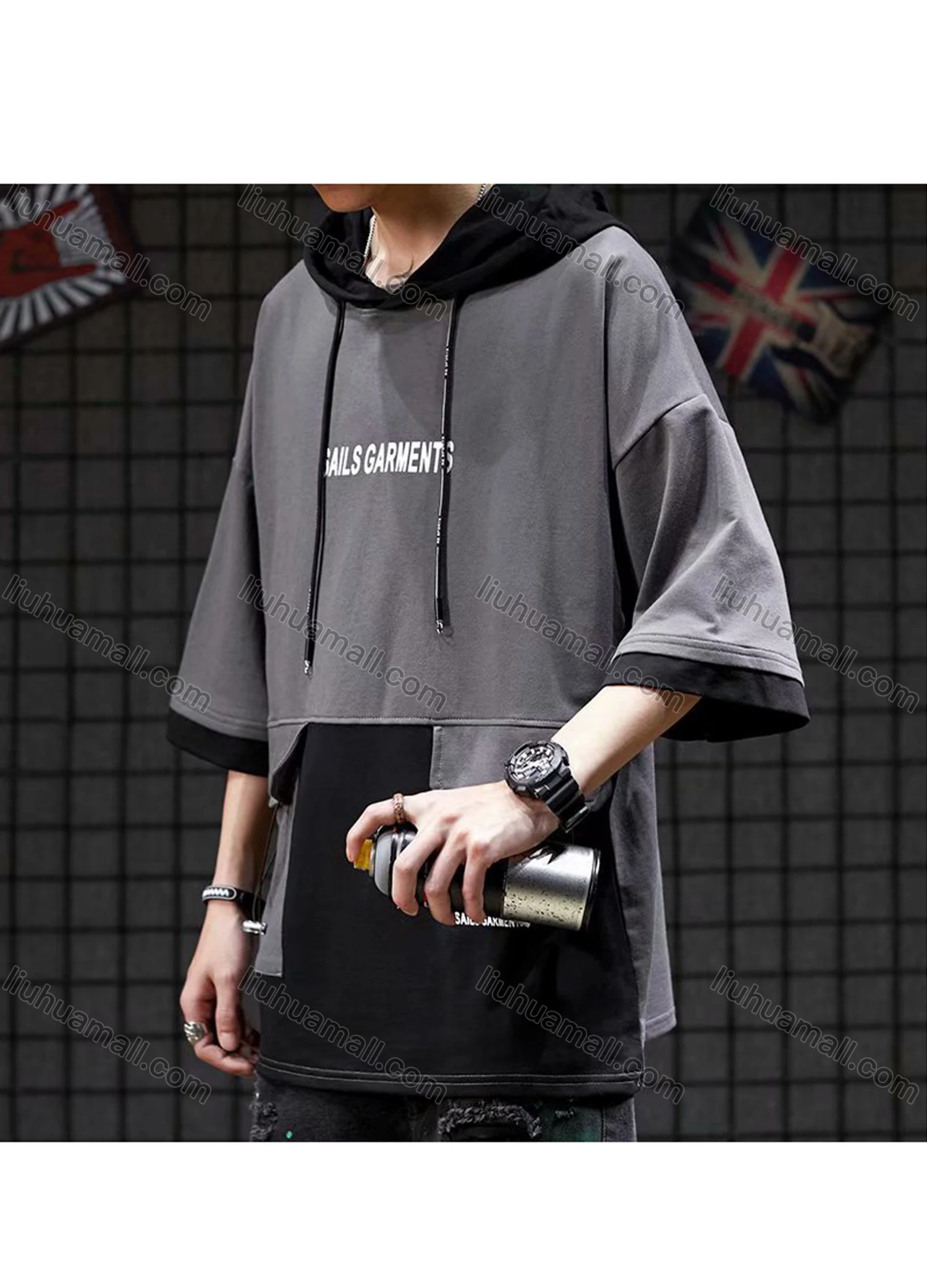 Wholesale Men's Casual Letter Splicing Colorblock Drawstring Flap Pockets Hooded Half Sleeve T-shirt - Liuhuamall