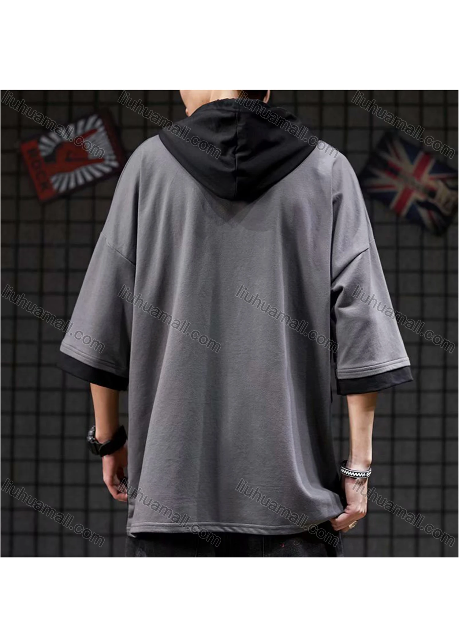 Wholesale Men's Casual Letter Splicing Colorblock Drawstring Flap Pockets Hooded Half Sleeve T-shirt - Liuhuamall