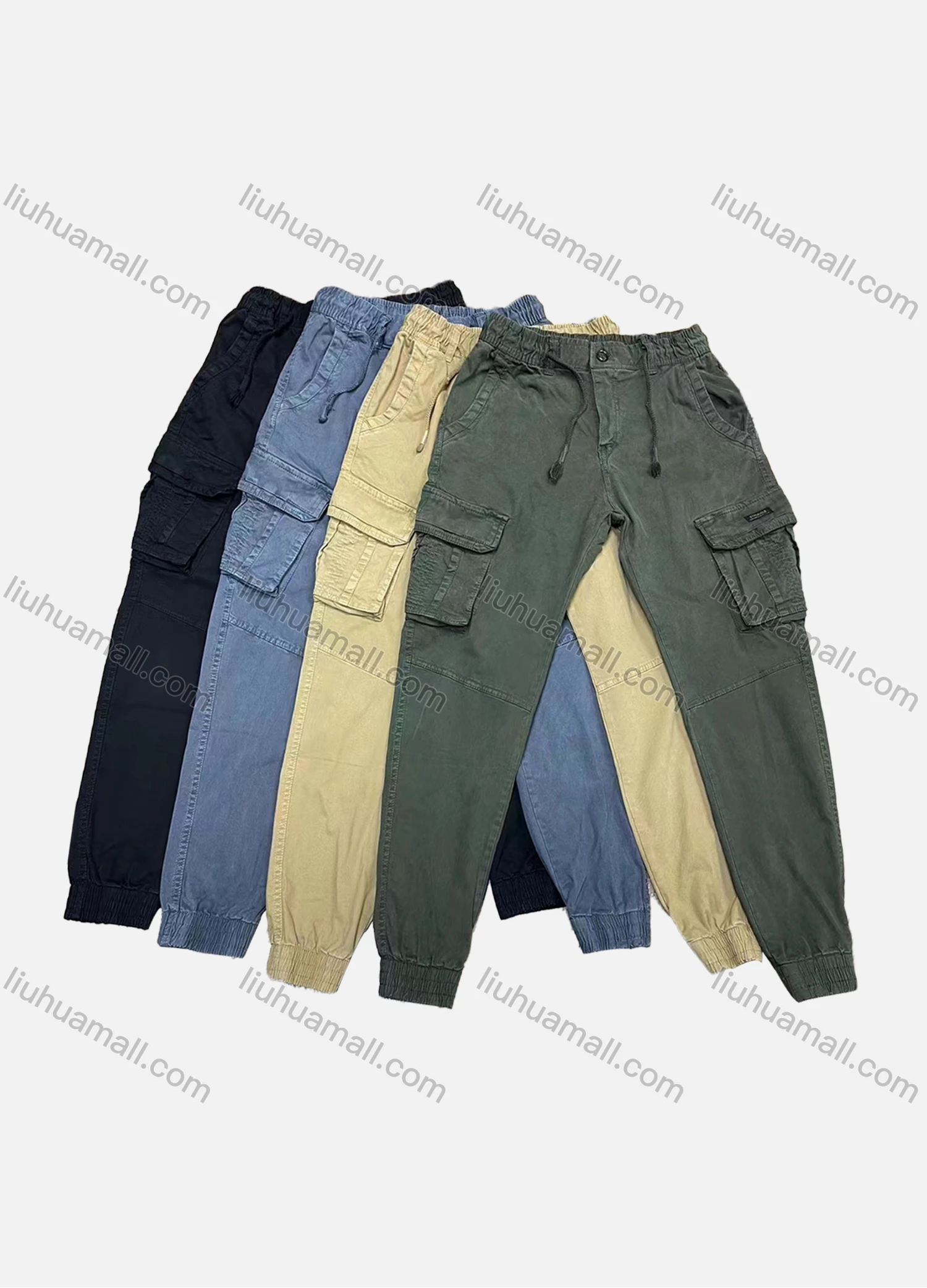 Wholesale Men's Casual Plain Multiple Pockets Drawstring Elastic Waist Cargo Pants 8091# - Liuhuamall