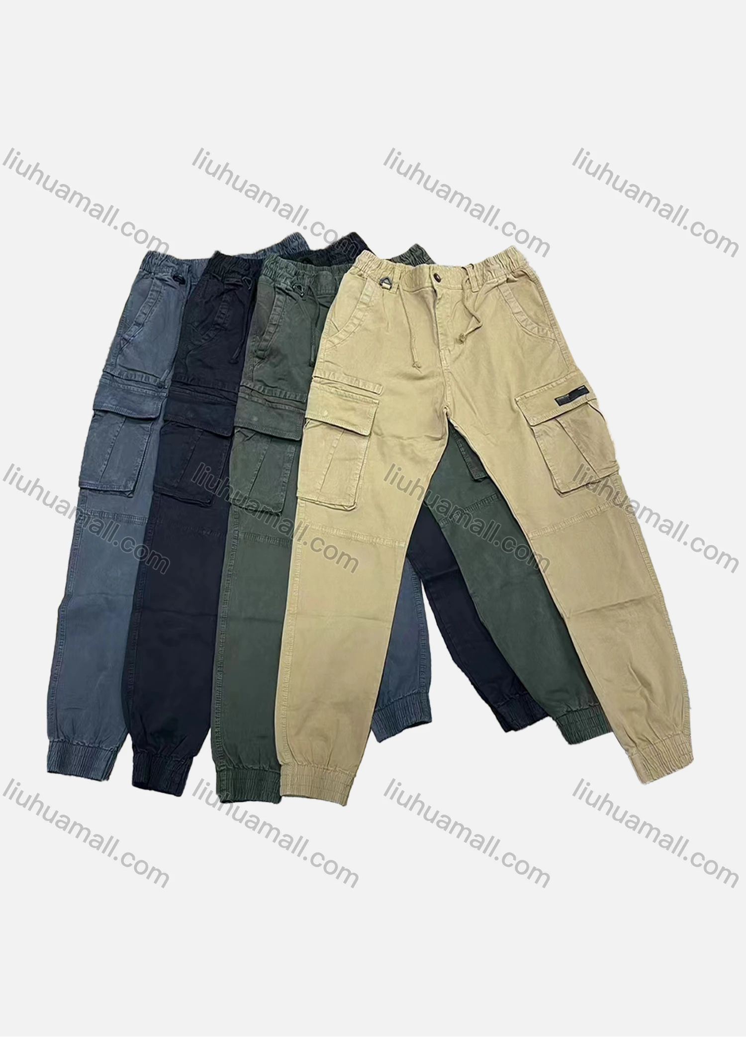 Wholesale Men's Casual Plain Multiple Pockets Drawstring Elastic Waist Cargo Pants 8096# - Liuhuamall