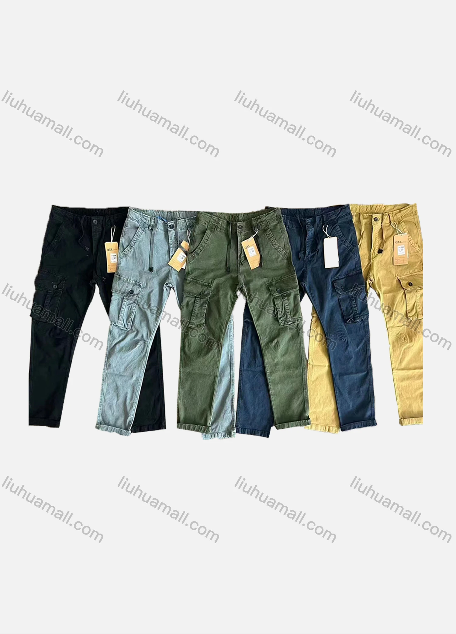Wholesale Men's Casual Plain Multiple Pockets Drawstring Cargo Pants 8099# - Liuhuamall