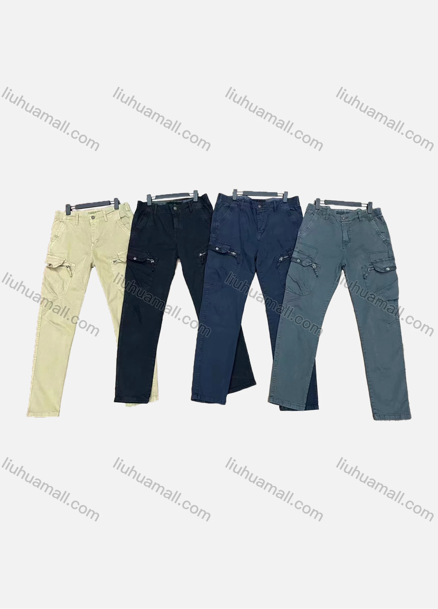 Wholesale Men's Casual Plain Multiple Zipper Pockets Elastic Waist Cargo Pants 9311# - Liuhuamall
