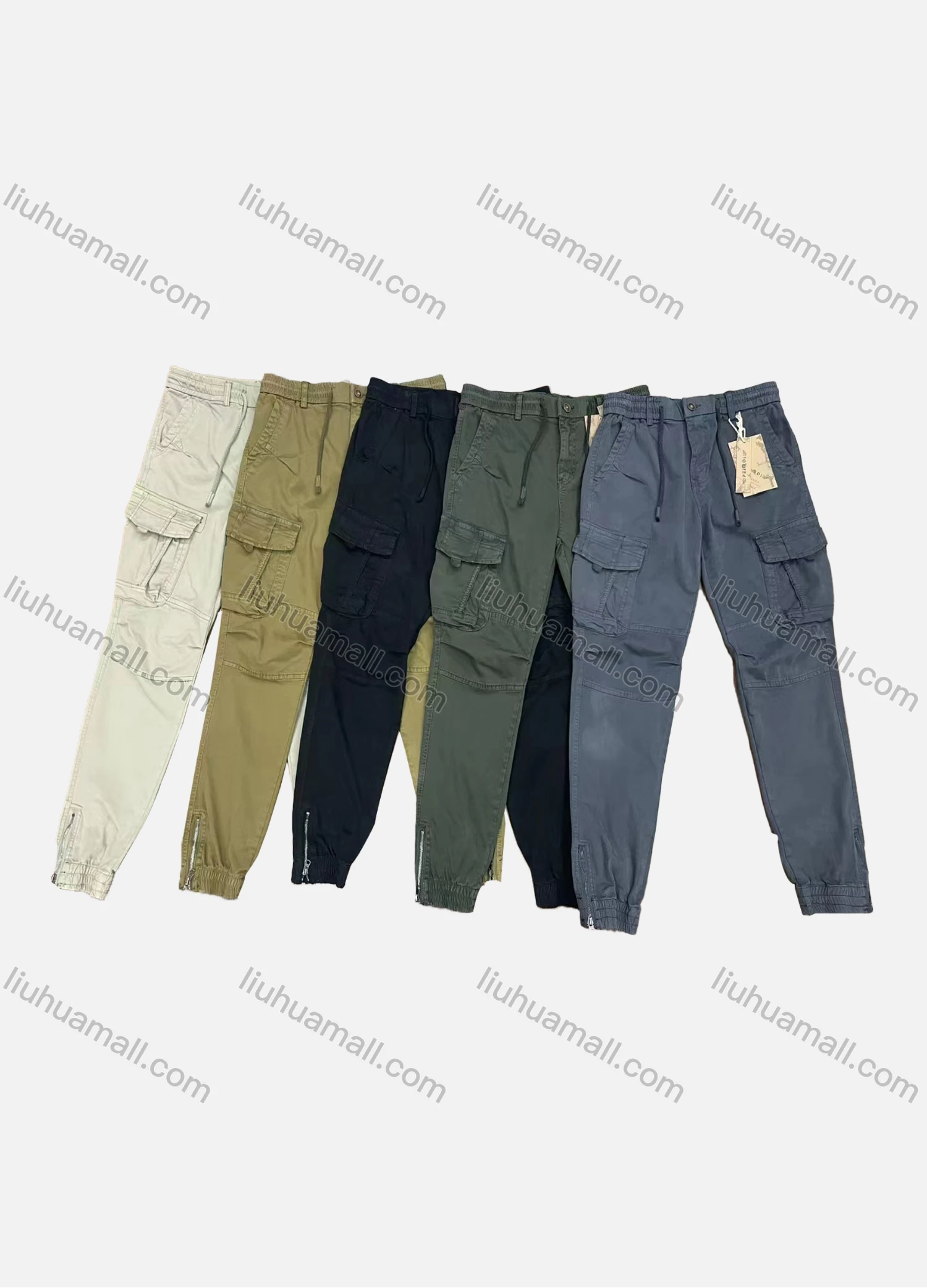 Wholesale Men's Casual Plain Multiple Pockets Drawstring Zip Decor Elastic Waist Cargo Pants 9312# - Liuhuamall