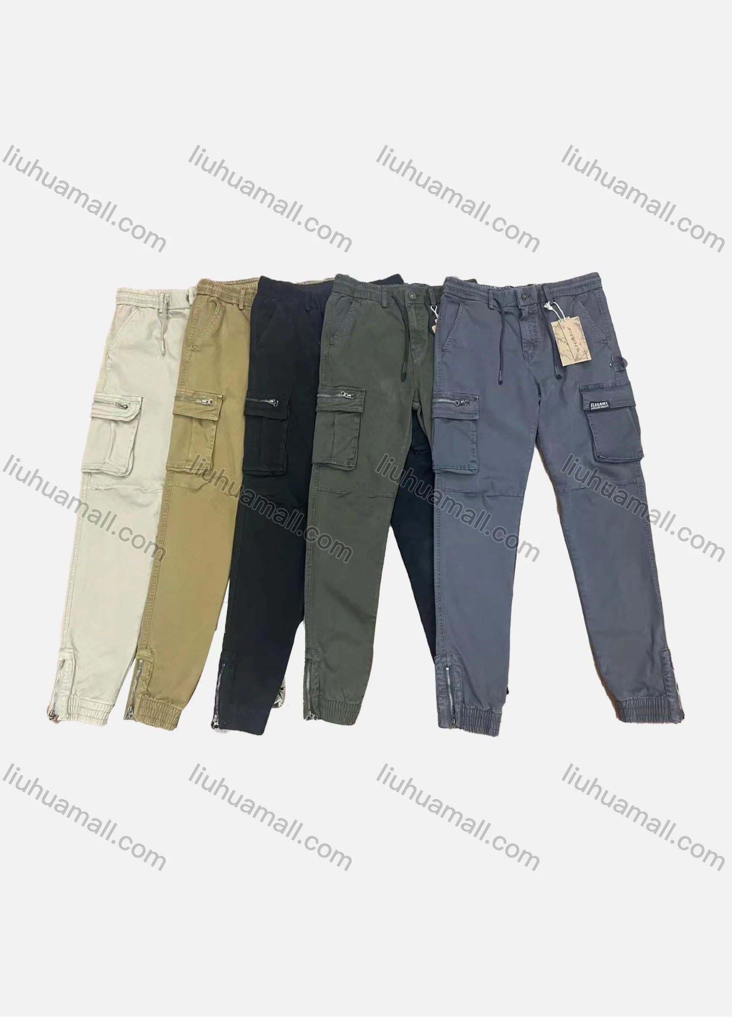 Wholesale Men's Casual Plain Multiple Pockets Drawstring Zip Decor Elastic Waist Cargo Pants 9313# - Liuhuamall