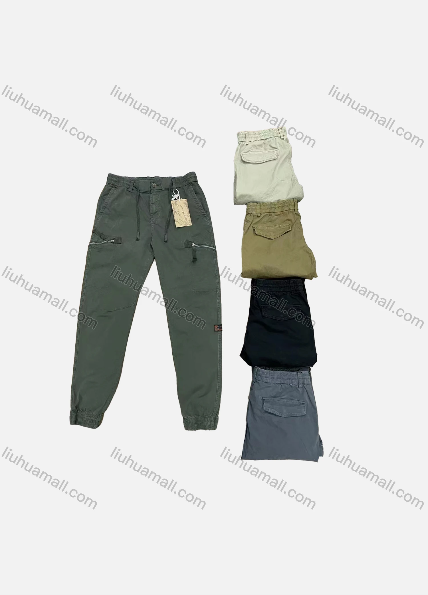 Wholesale Men's Casual Plain Zipper Pockets Drawstring Elastic Waist Cargo Pants 9317# - Liuhuamall