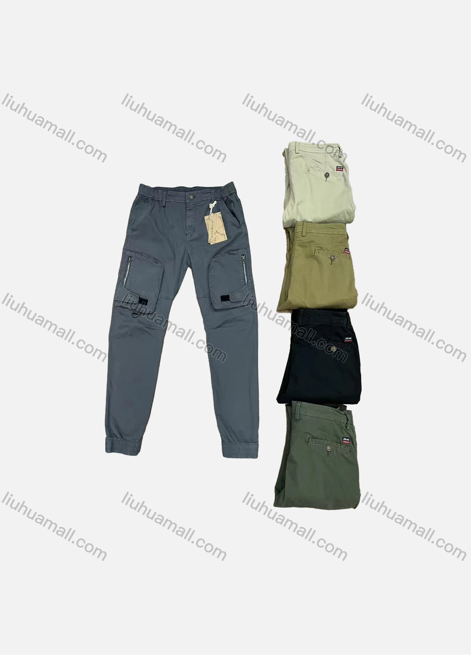 Wholesale Men's Casual Plain Multiple Zipper Pockets Elastic Waist Cargo Pants 9319# - Liuhuamall