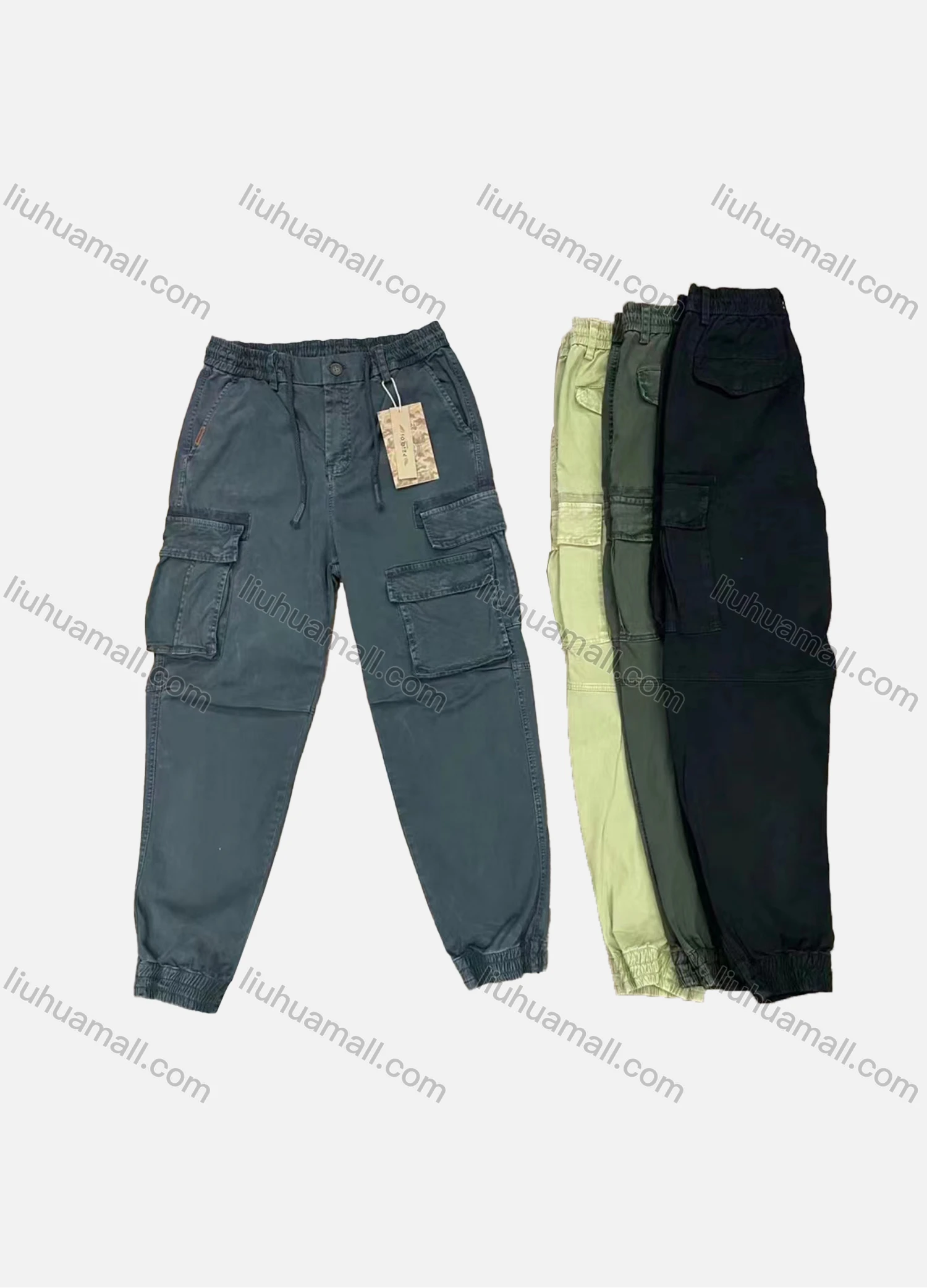 Wholesale Men's Casual Plain Multiple Pockets Drawstring Elastic Waist Cargo Pants 9321# - Liuhuamall