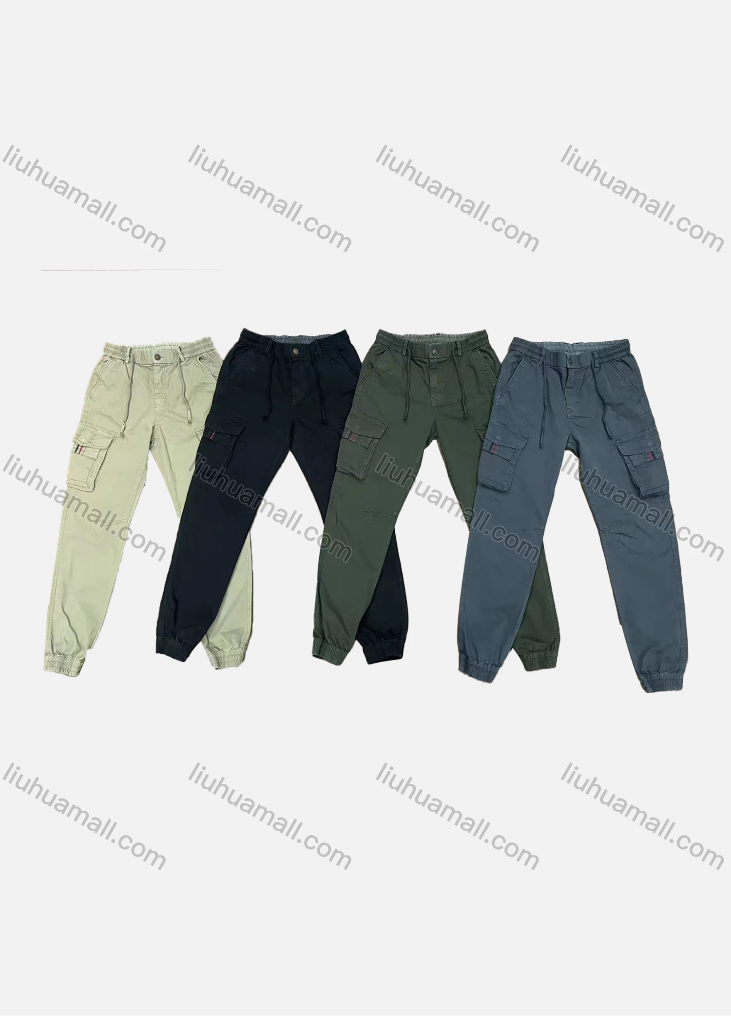 Wholesale Men's Casual Plain Flap Pockets Drawstring Elastic Waist Cargo Pants 9325# - Liuhuamall