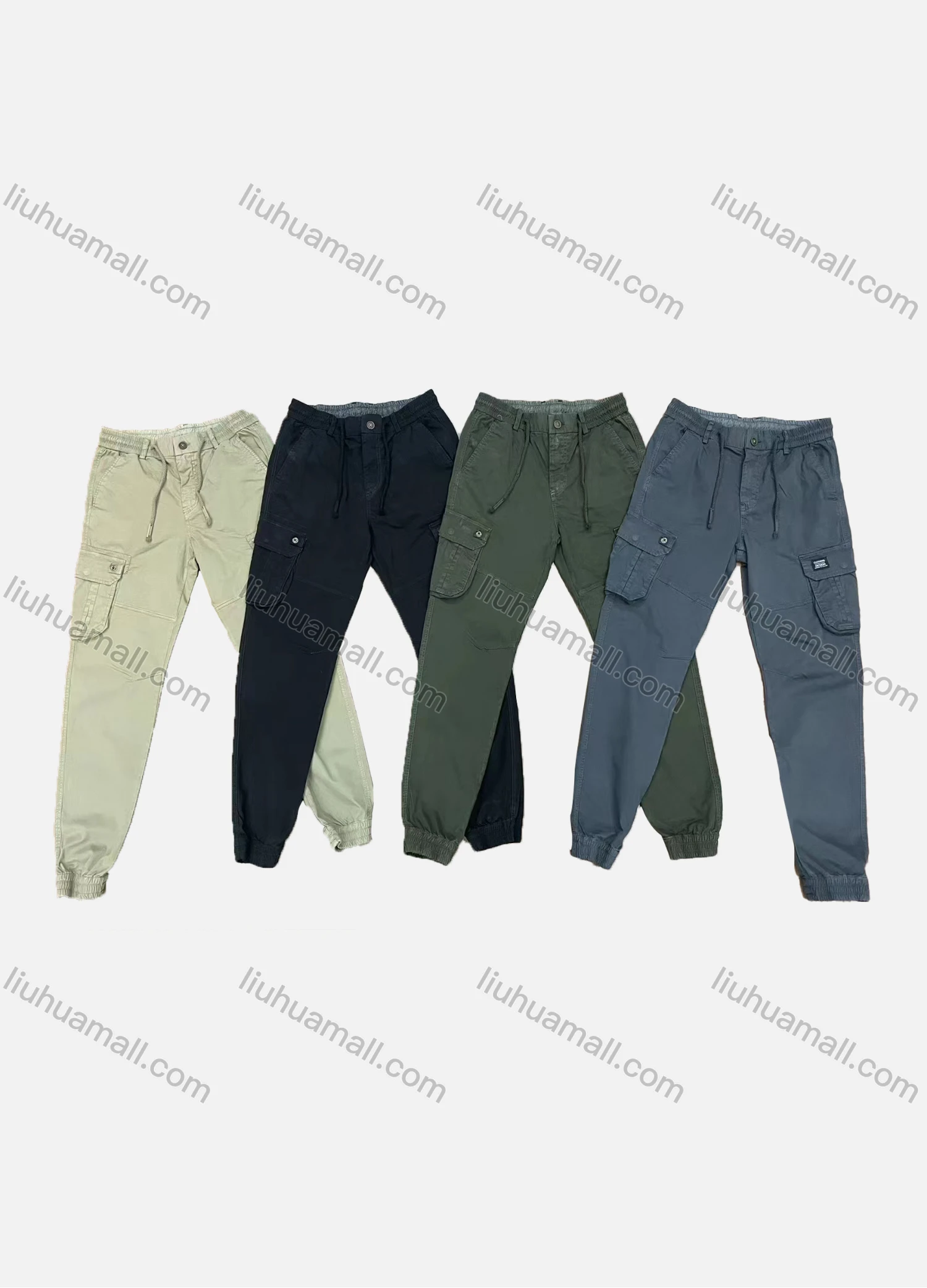 Wholesale Men's Casual Plain Flap Pockets Drawstring Elastic Waist Cargo Pants 9326# - Liuhuamall