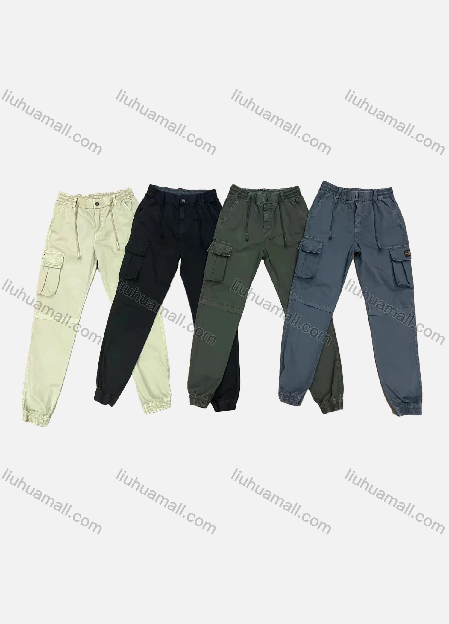 Wholesale Men's Casual Plain Flap Pockets Drawstring Elastic Waist Cargo Pants 9327# - Liuhuamall