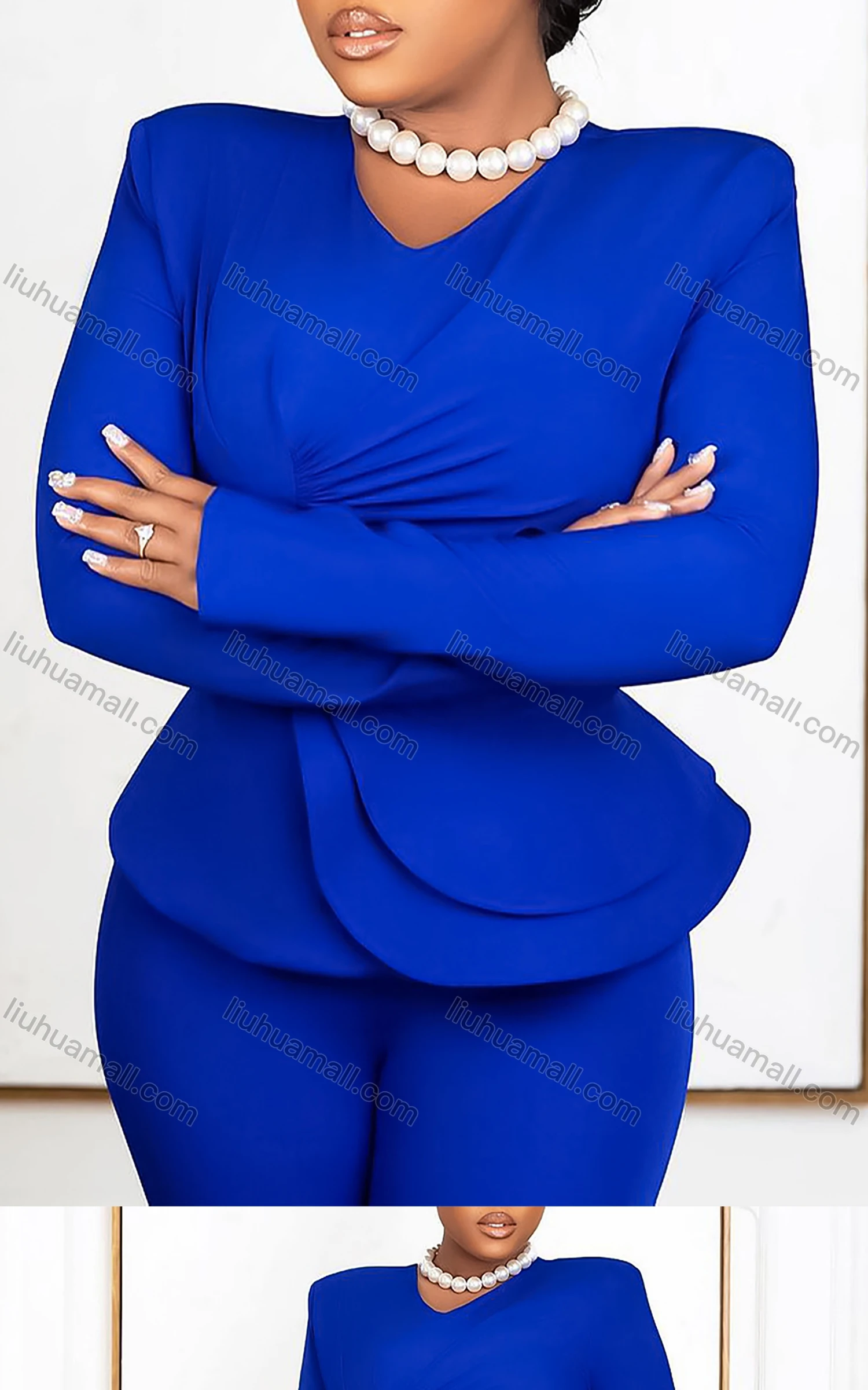 Wholesale Women's Casual V Neck Long Sleeve Ruched Ruffle Plain Top & Pants 2 Piece Set - Liuhuamall