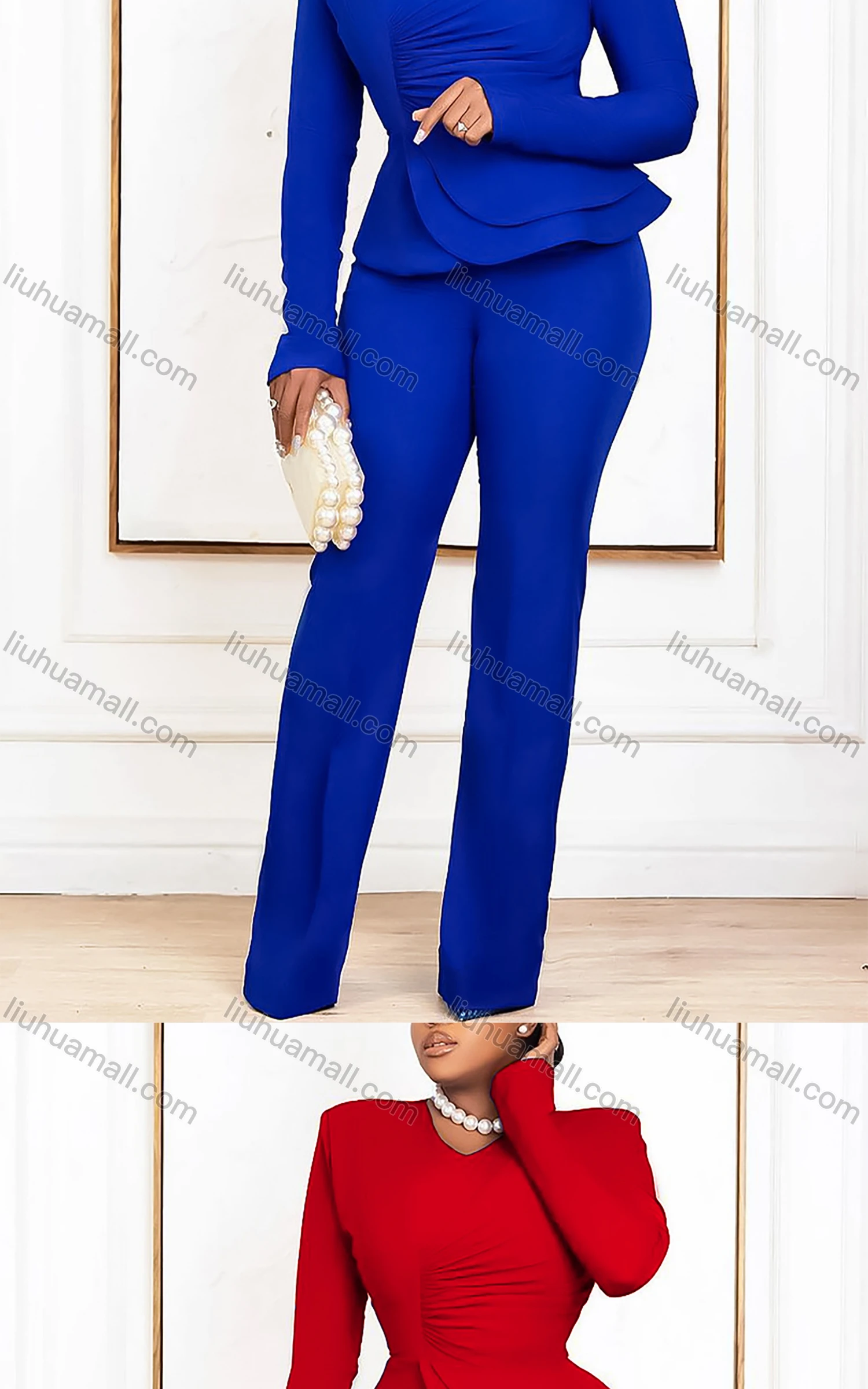 Wholesale Women's Casual V Neck Long Sleeve Ruched Ruffle Plain Top & Pants 2 Piece Set - Liuhuamall