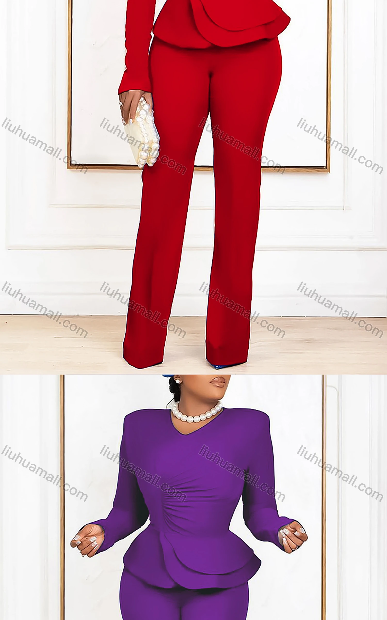 Wholesale Women's Casual V Neck Long Sleeve Ruched Ruffle Plain Top & Pants 2 Piece Set - Liuhuamall