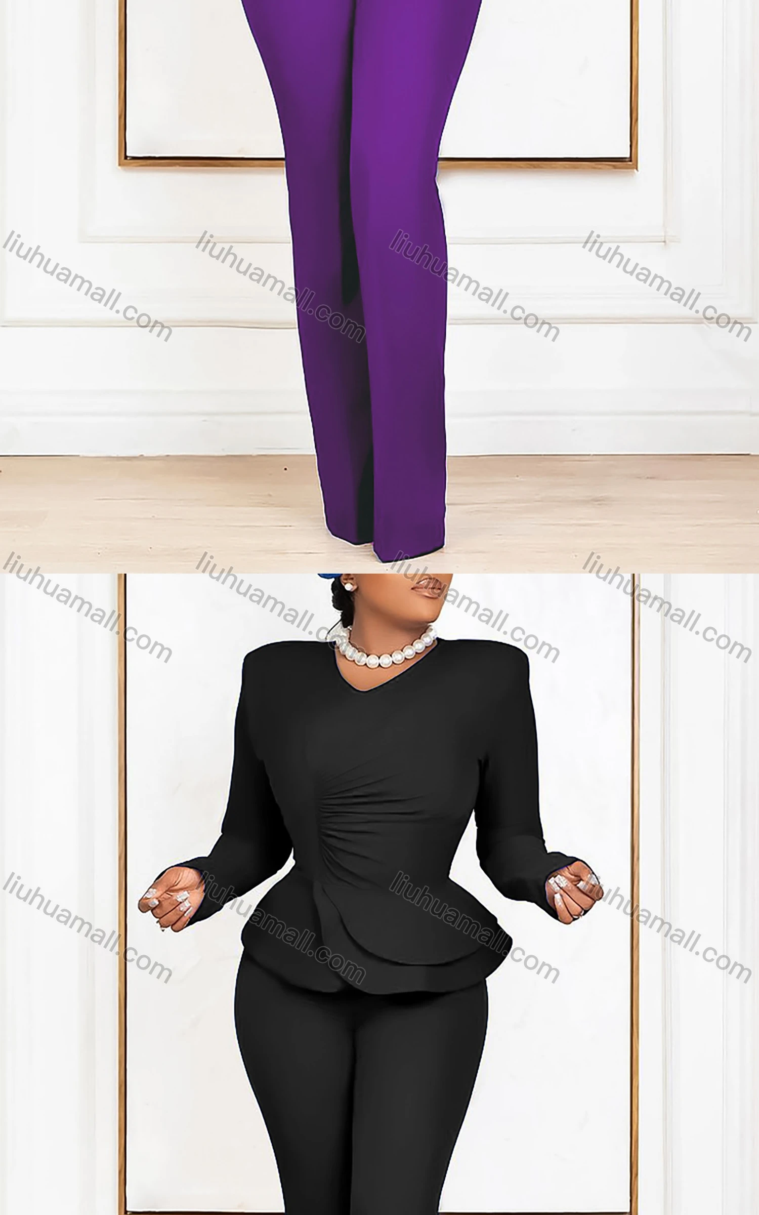 Wholesale Women's Casual V Neck Long Sleeve Ruched Ruffle Plain Top & Pants 2 Piece Set - Liuhuamall