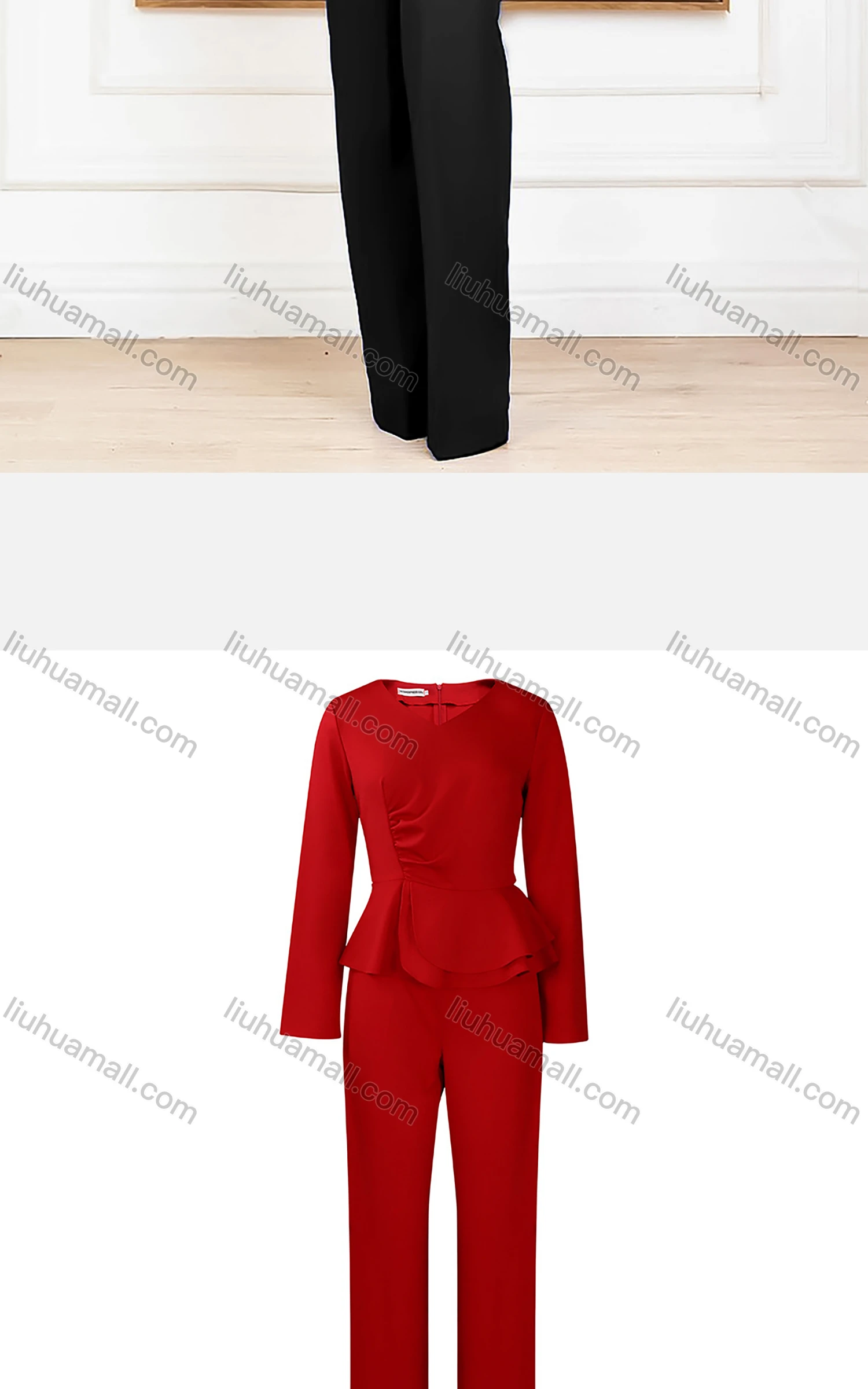 Wholesale Women's Casual V Neck Long Sleeve Ruched Ruffle Plain Top & Pants 2 Piece Set - Liuhuamall