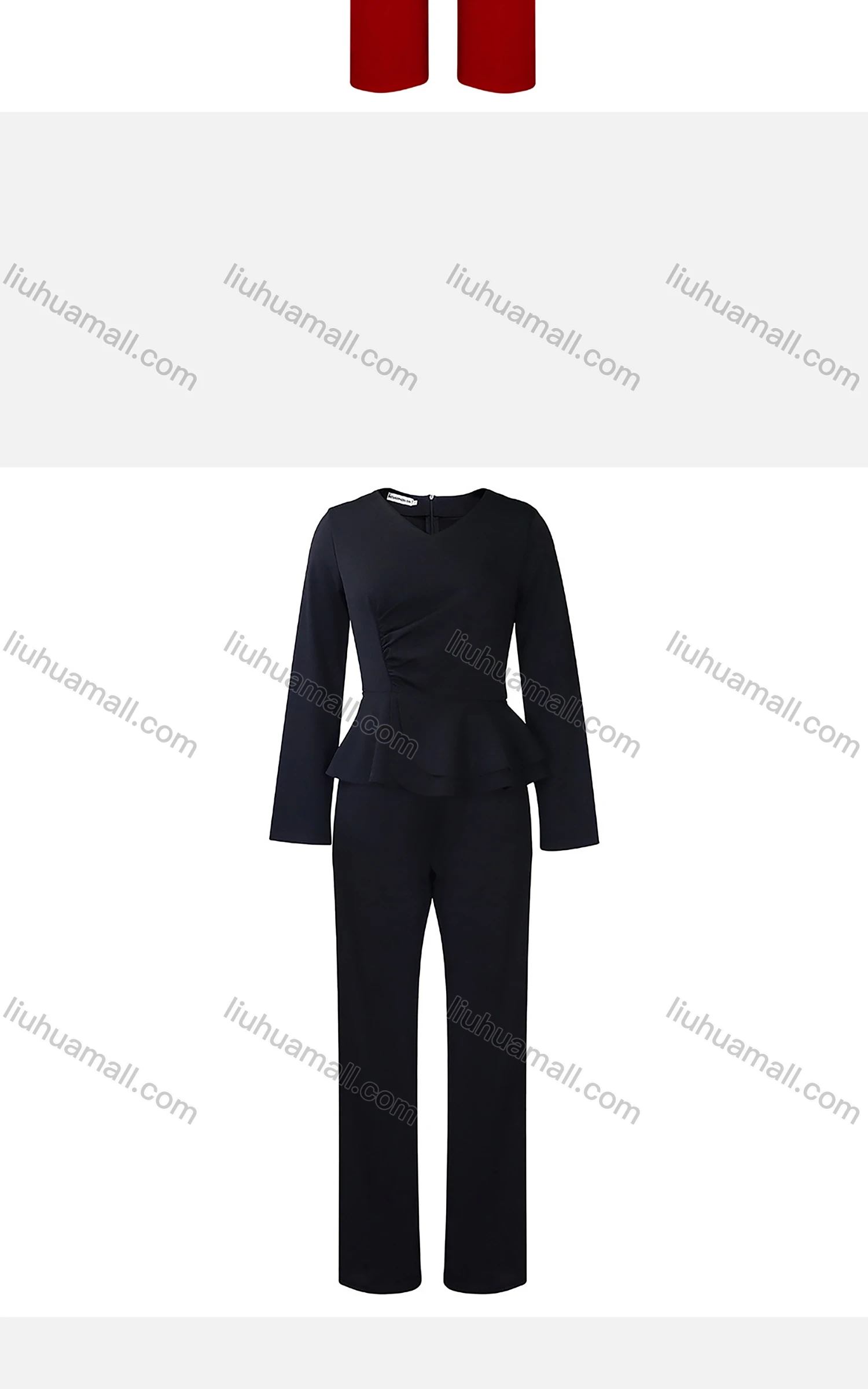 Wholesale Women's Casual V Neck Long Sleeve Ruched Ruffle Plain Top & Pants 2 Piece Set - Liuhuamall