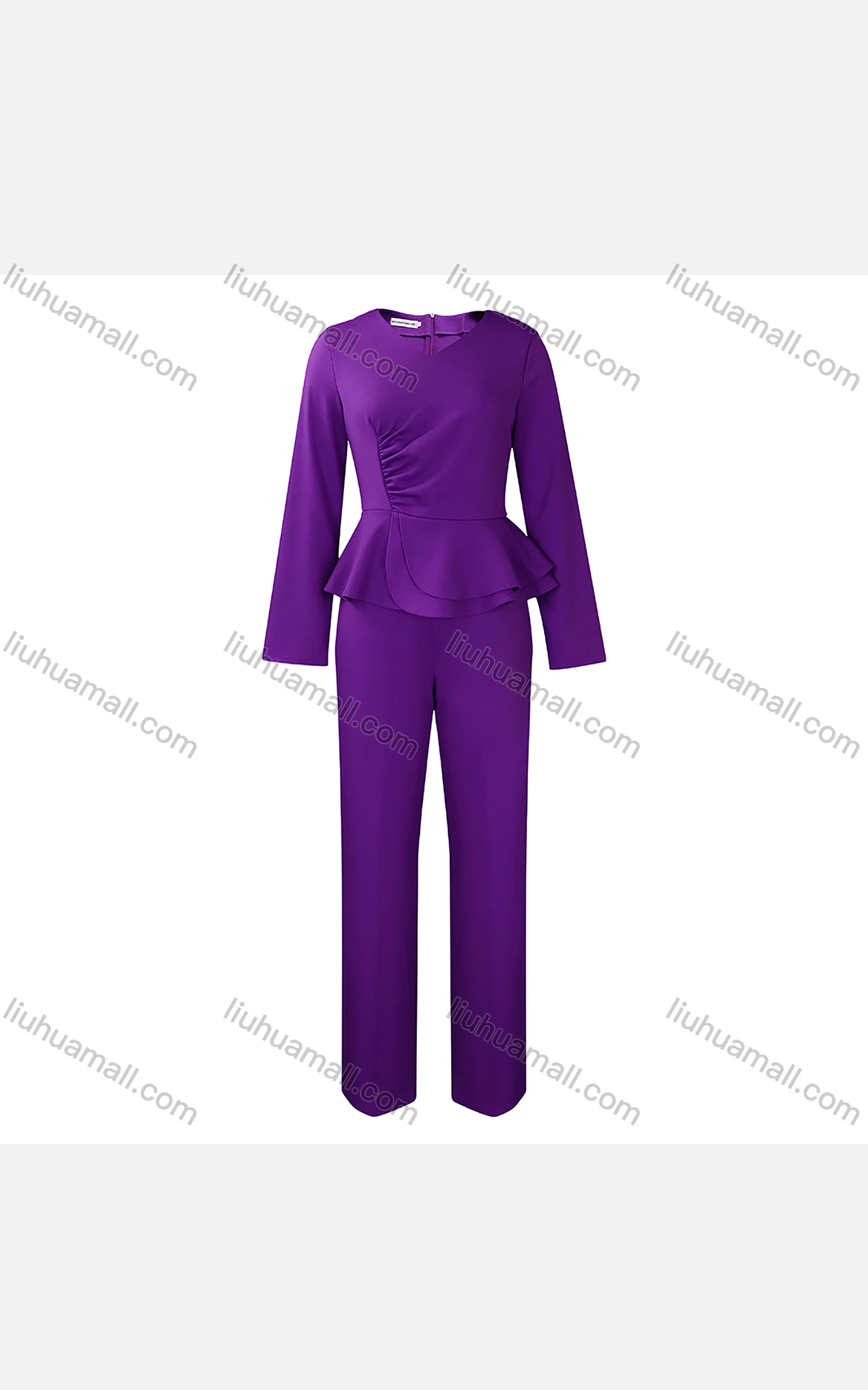 Wholesale Women's Casual V Neck Long Sleeve Ruched Ruffle Plain Top & Pants 2 Piece Set - Liuhuamall