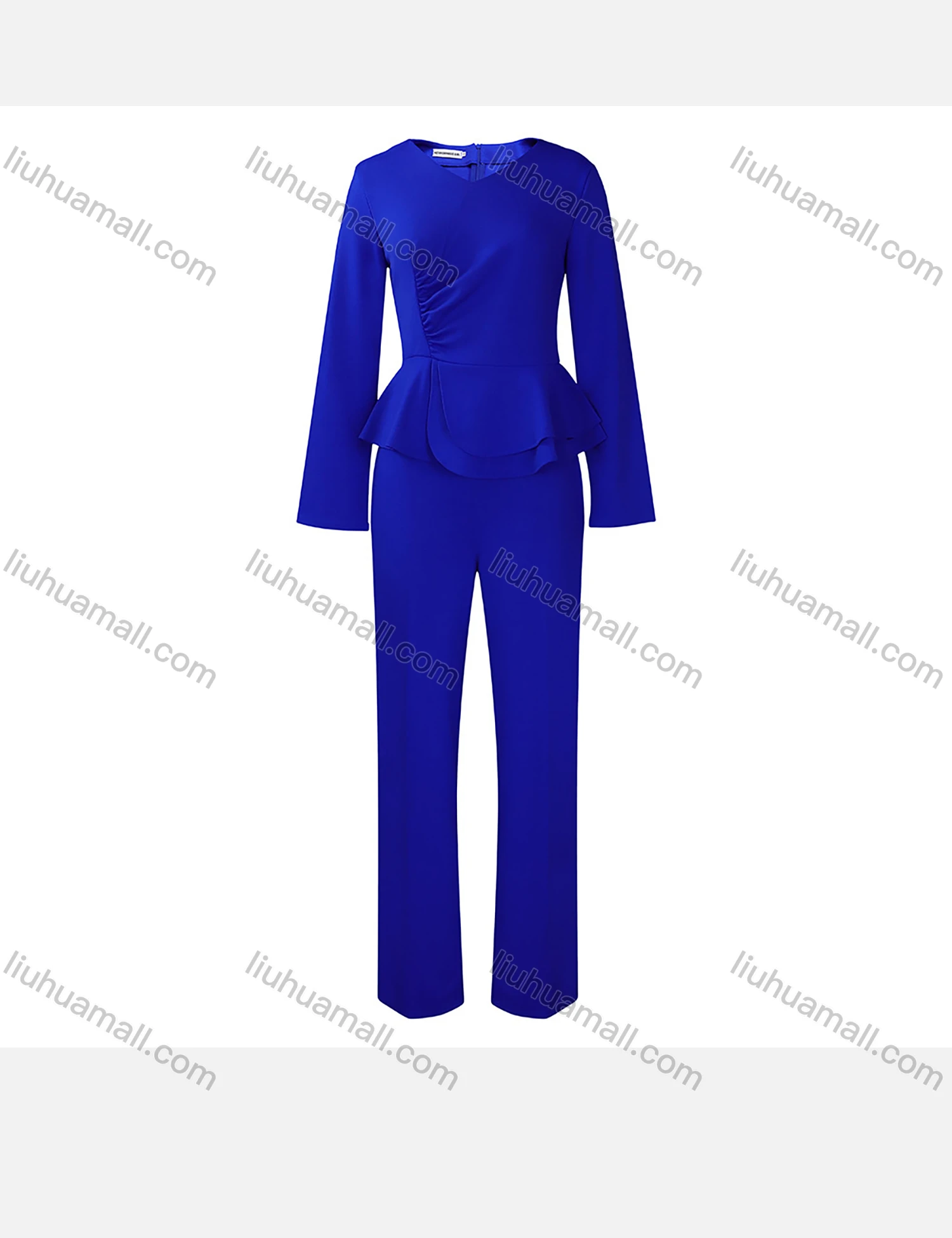 Wholesale Women's Casual V Neck Long Sleeve Ruched Ruffle Plain Top & Pants 2 Piece Set - Liuhuamall