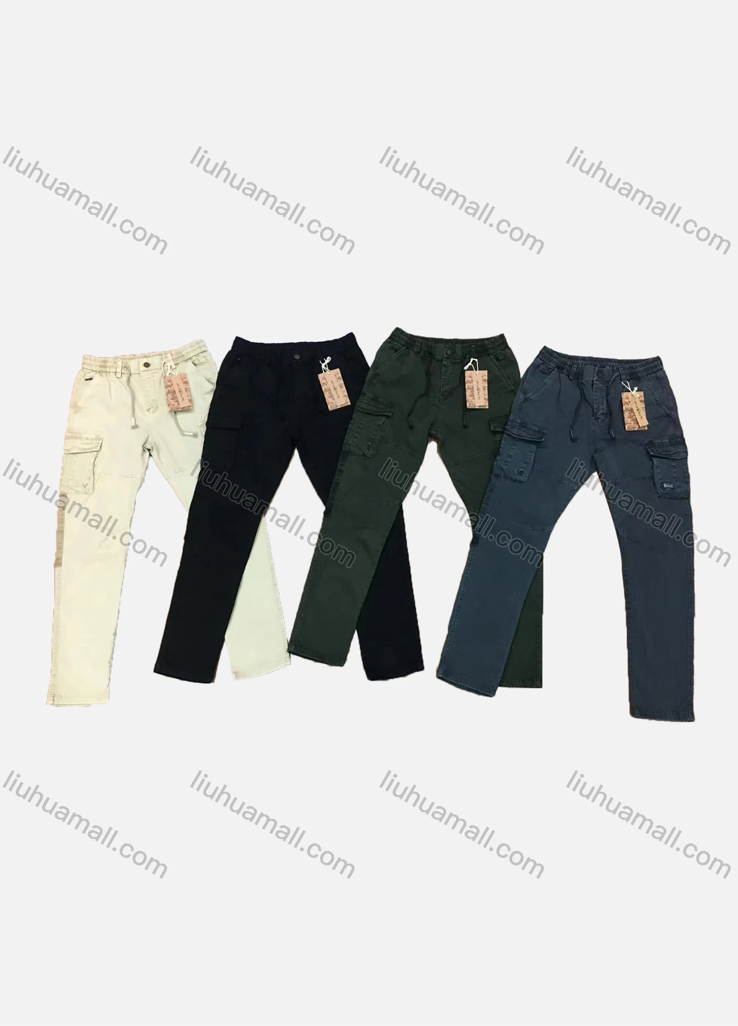 Wholesale Men's Casual Plain Multiple Pockets Elastic Waist Cargo Pants 9362# - Liuhuamall