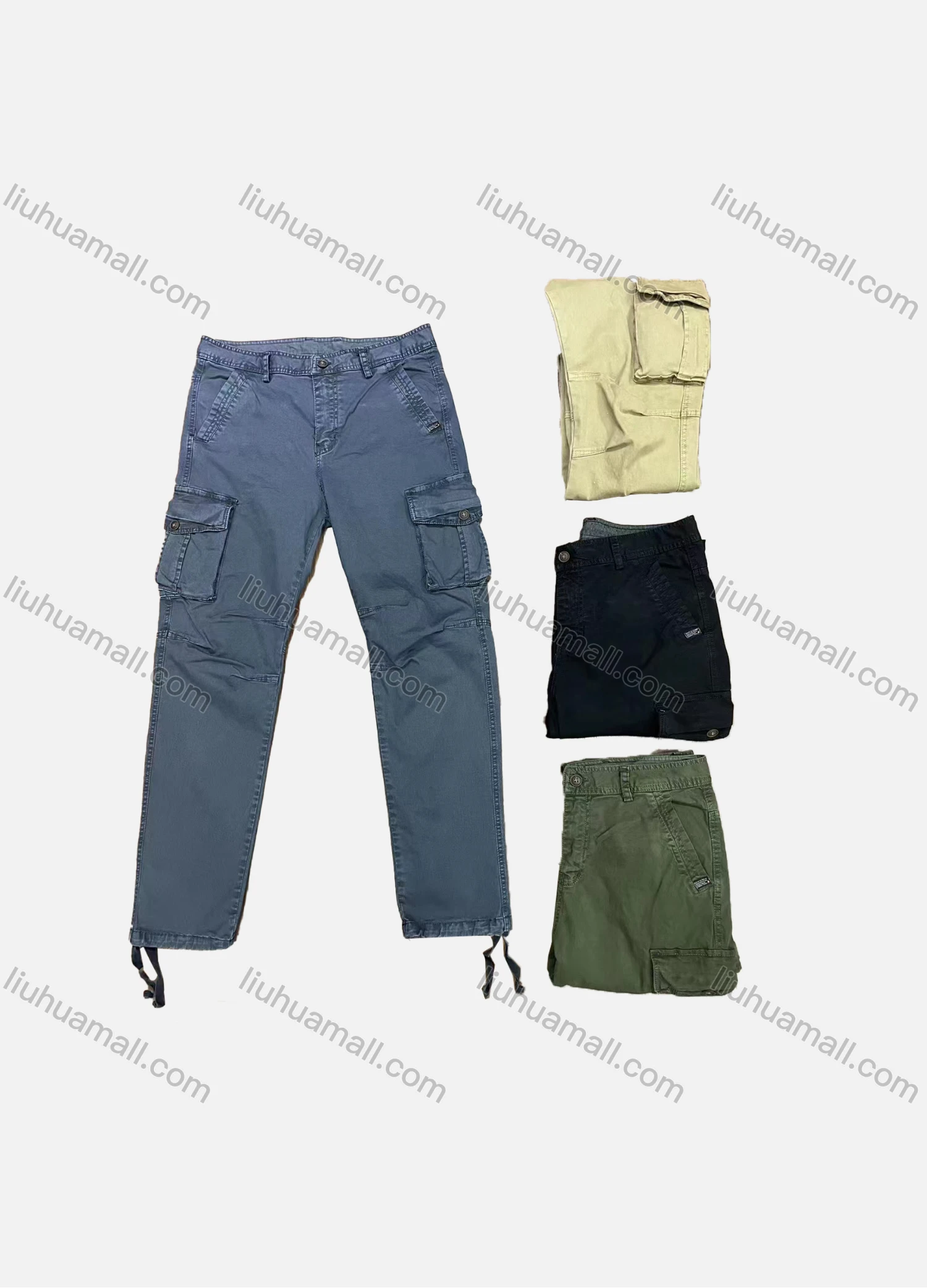 Wholesale Men's Casual Plain Multiple Pockets Drawstring Cargo Pants 9368# - Liuhuamall